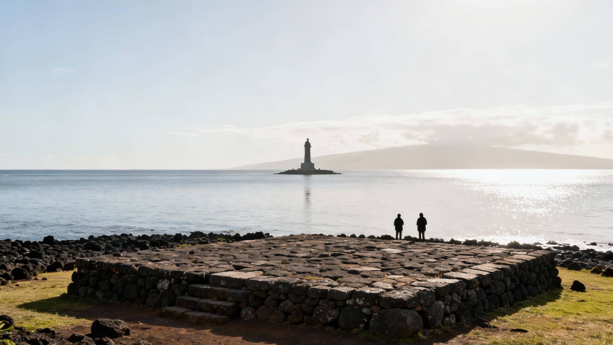 A pristine bay with a white monument on the shore under a blue sky