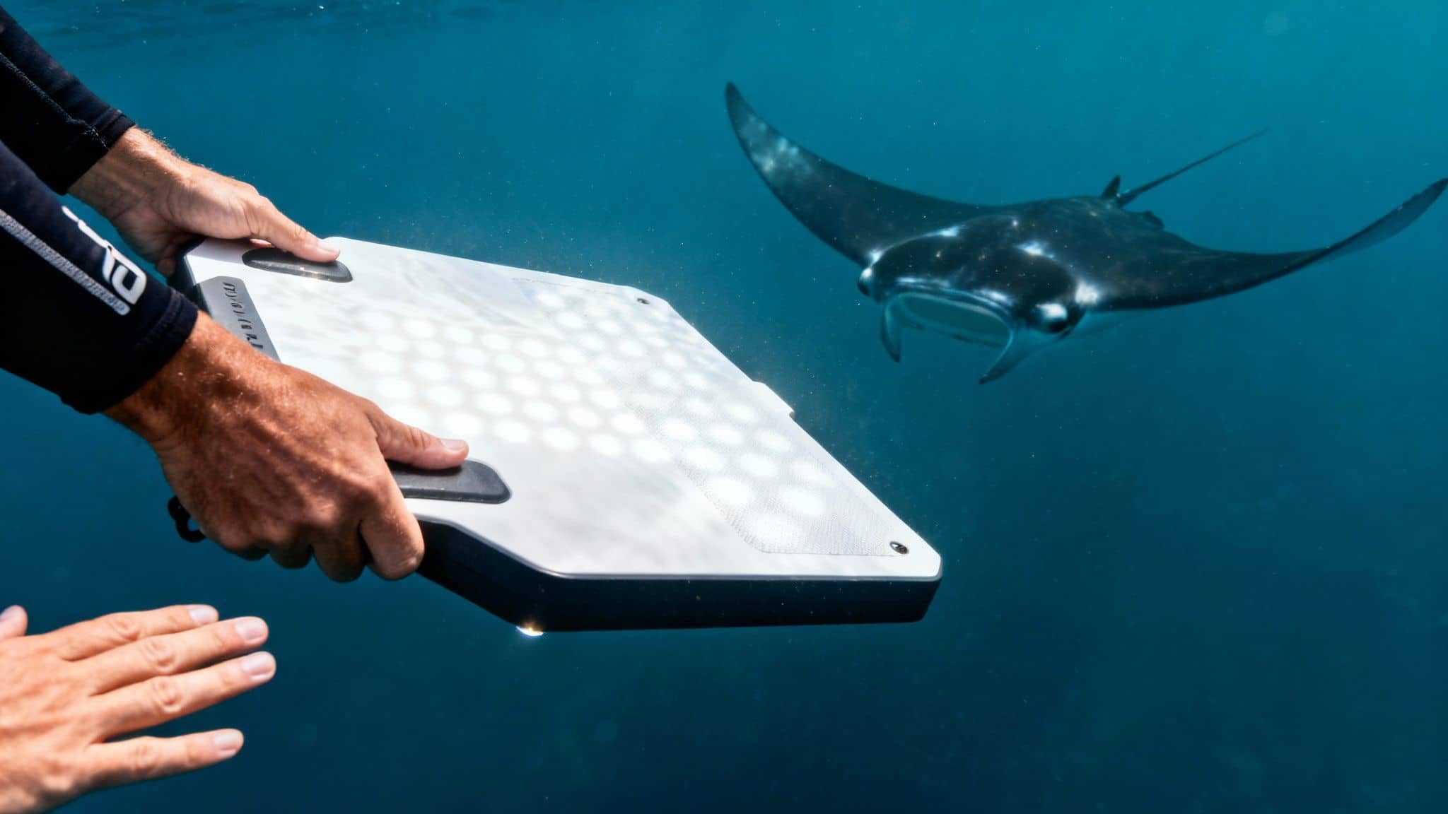 A diver in a wetsuit holds a glowing underwater device, observing a manta ray swimming in the deep blue sea.
