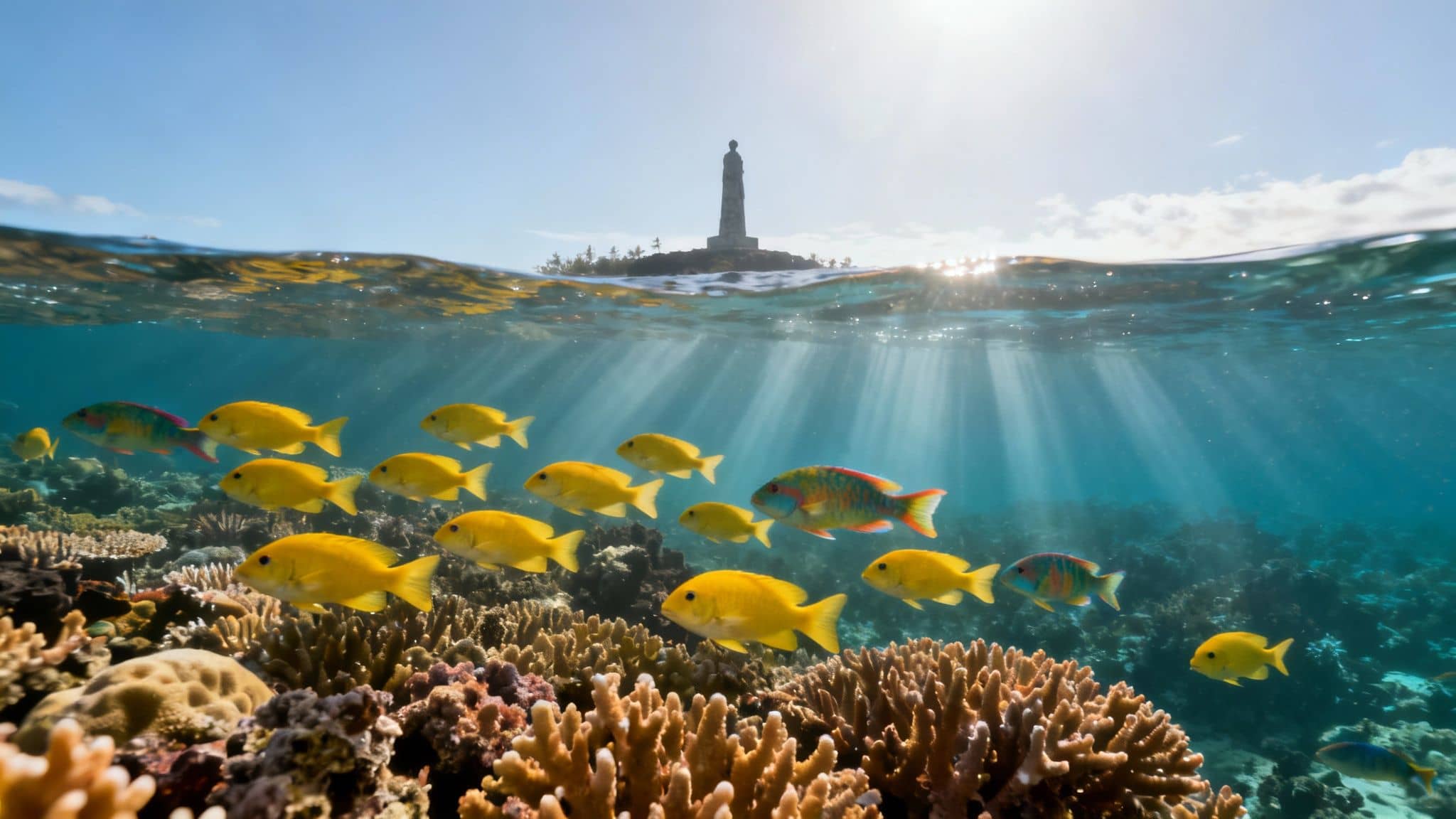 Snorkelers exploring the clear, vibrant waters of Kealakekua Bay near the Captain Cook Monument.
