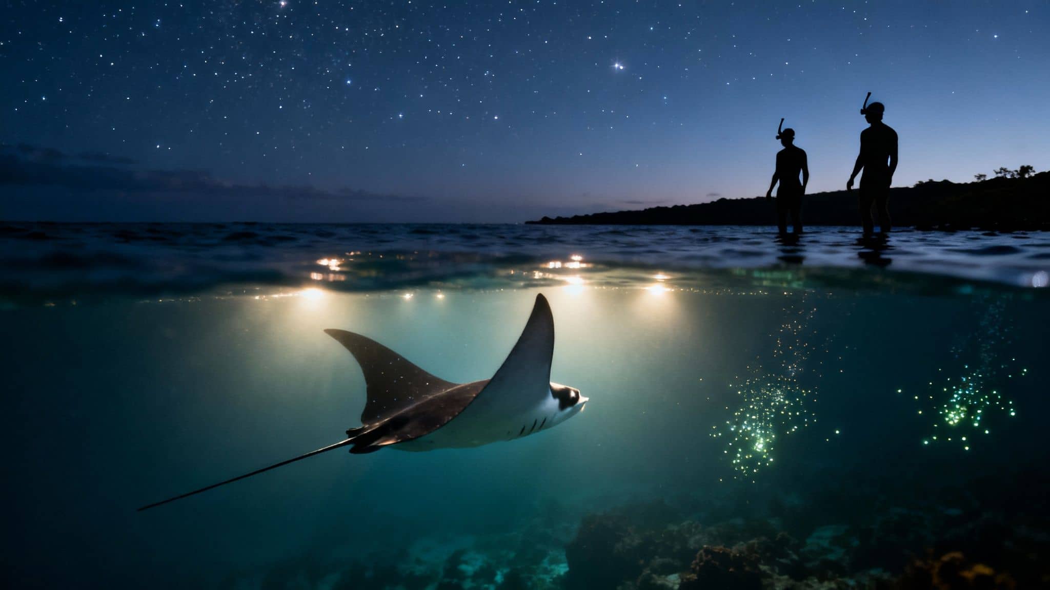 Two snorkelers stand in ocean at night while a manta ray swims past glowing plankton under stars.