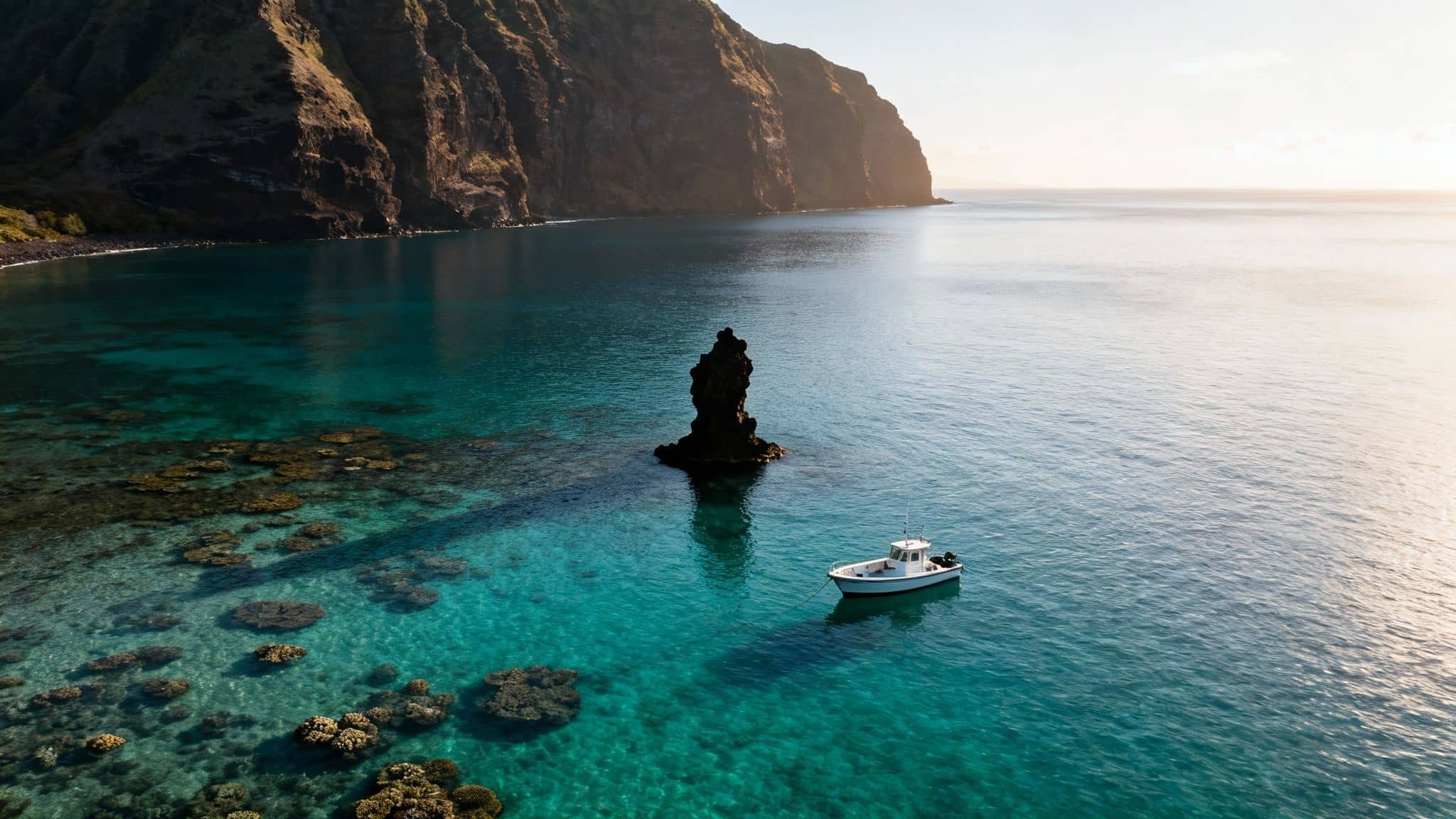 White boat anchored in clear turquoise water with visible coral reefs and a dramatic cliff coastline.