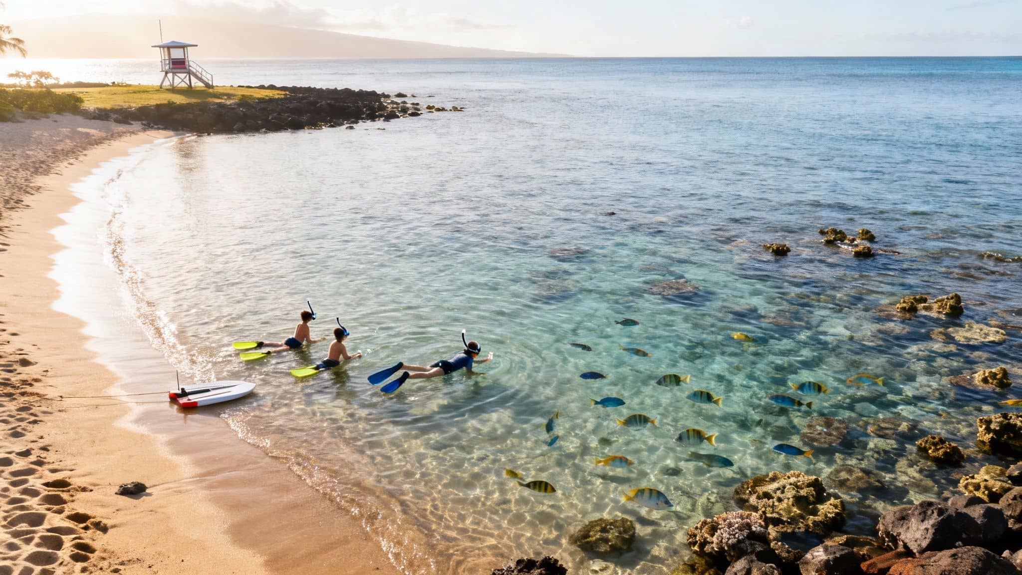 Three children snorkel in clear ocean water with colorful fish near a sunny beach and a distant lifeguard stand.