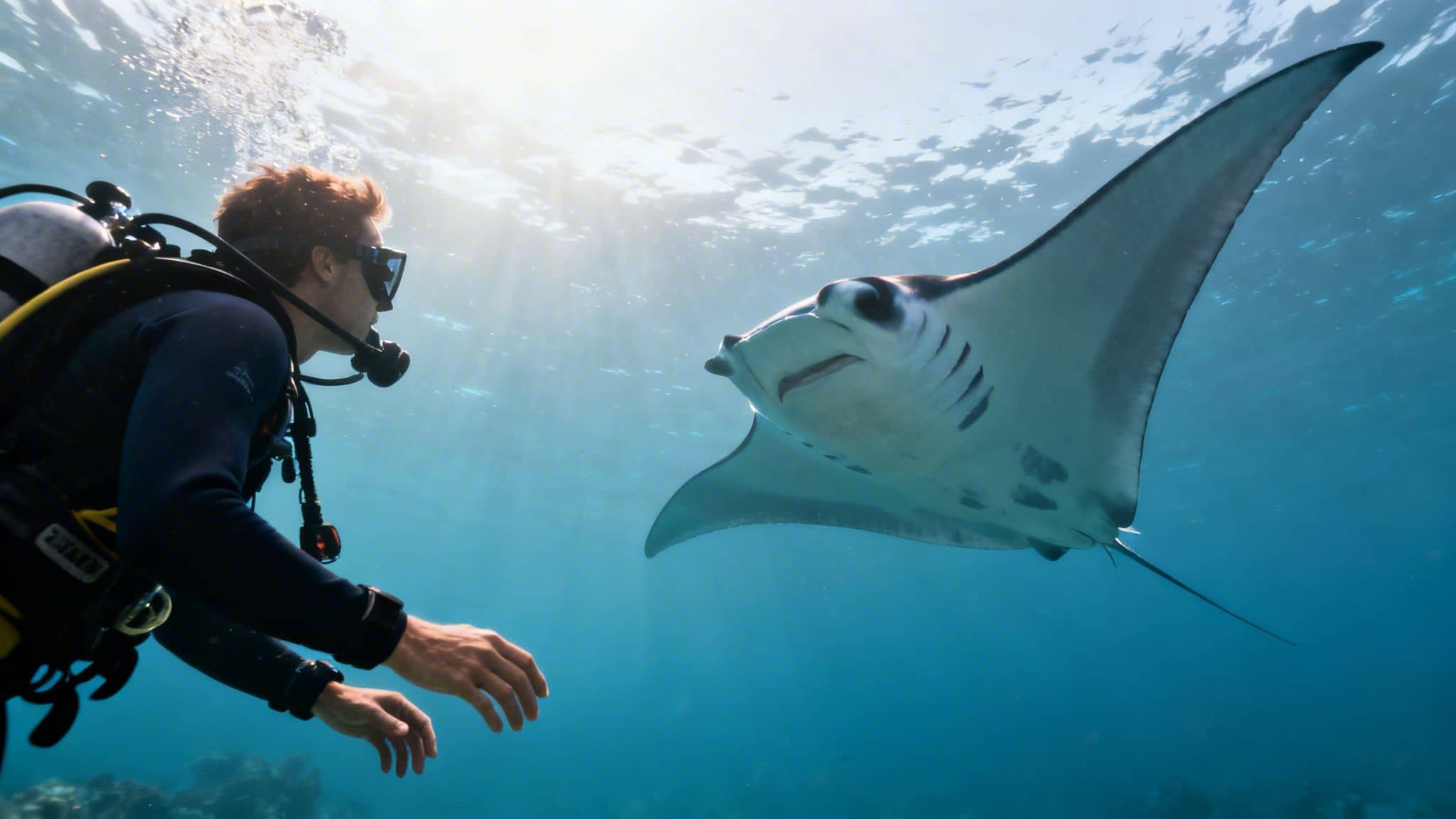 A diver in a wetsuit reaches out to a large manta ray swimming in clear blue ocean water.