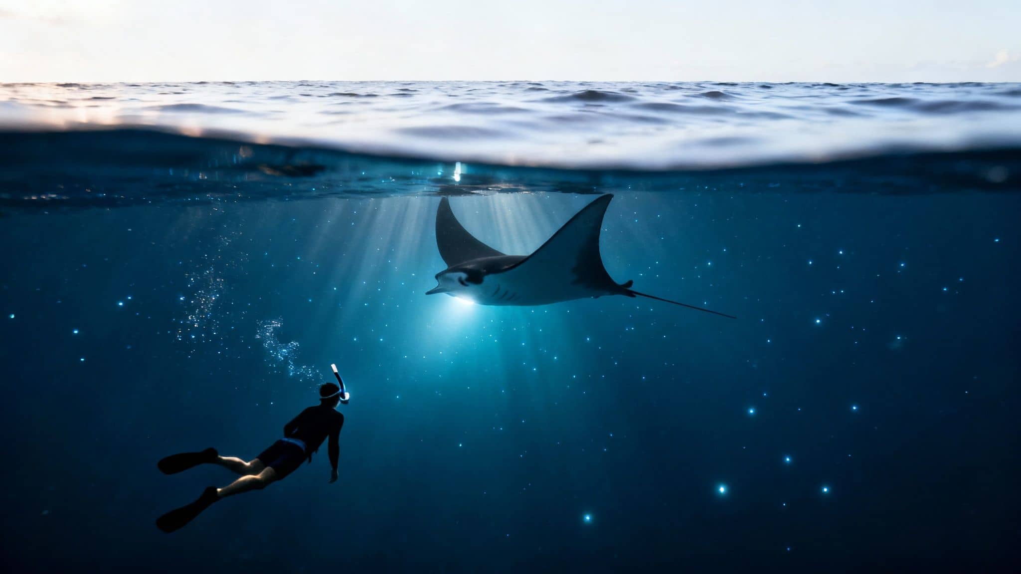 A split-level shot of a snorkeler observing a manta ray in blue, sunlit waters.