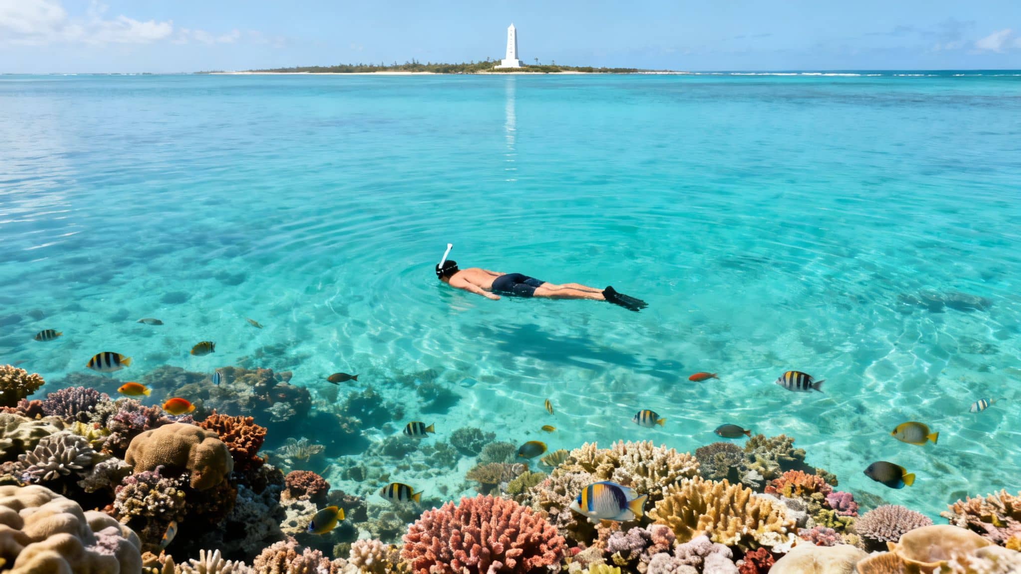 A person snorkeling over a vibrant coral reef with colorful tropical fish in clear blue water, near a distant lighthouse.