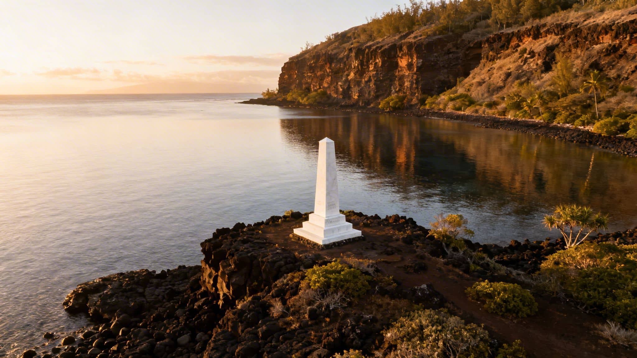 White obelisk monument at Kealakekua Bay, Hawaii, on a rocky shore at golden hour.
