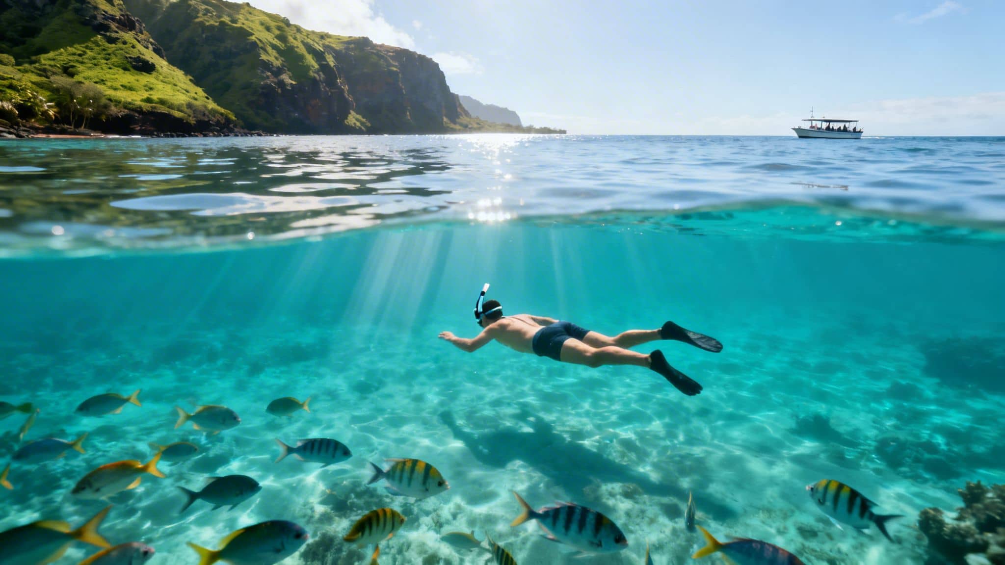 Man snorkeling in a vibrant tropical ocean with fish and a scenic green coastline.