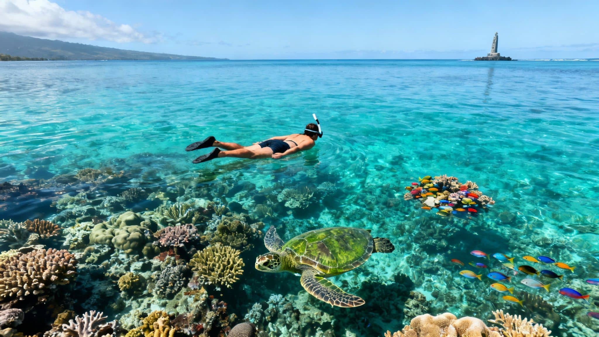 A person snorkeling over a vibrant coral reef with a sea turtle and colorful fish in clear turquoise water.