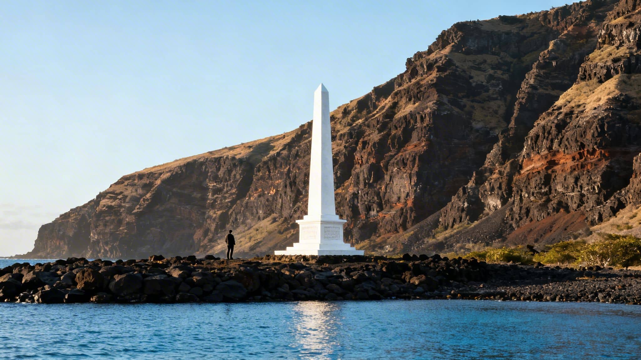 A solitary figure stands by a white obelisk on a rocky shore, overlooking the ocean with rugged cliffs.