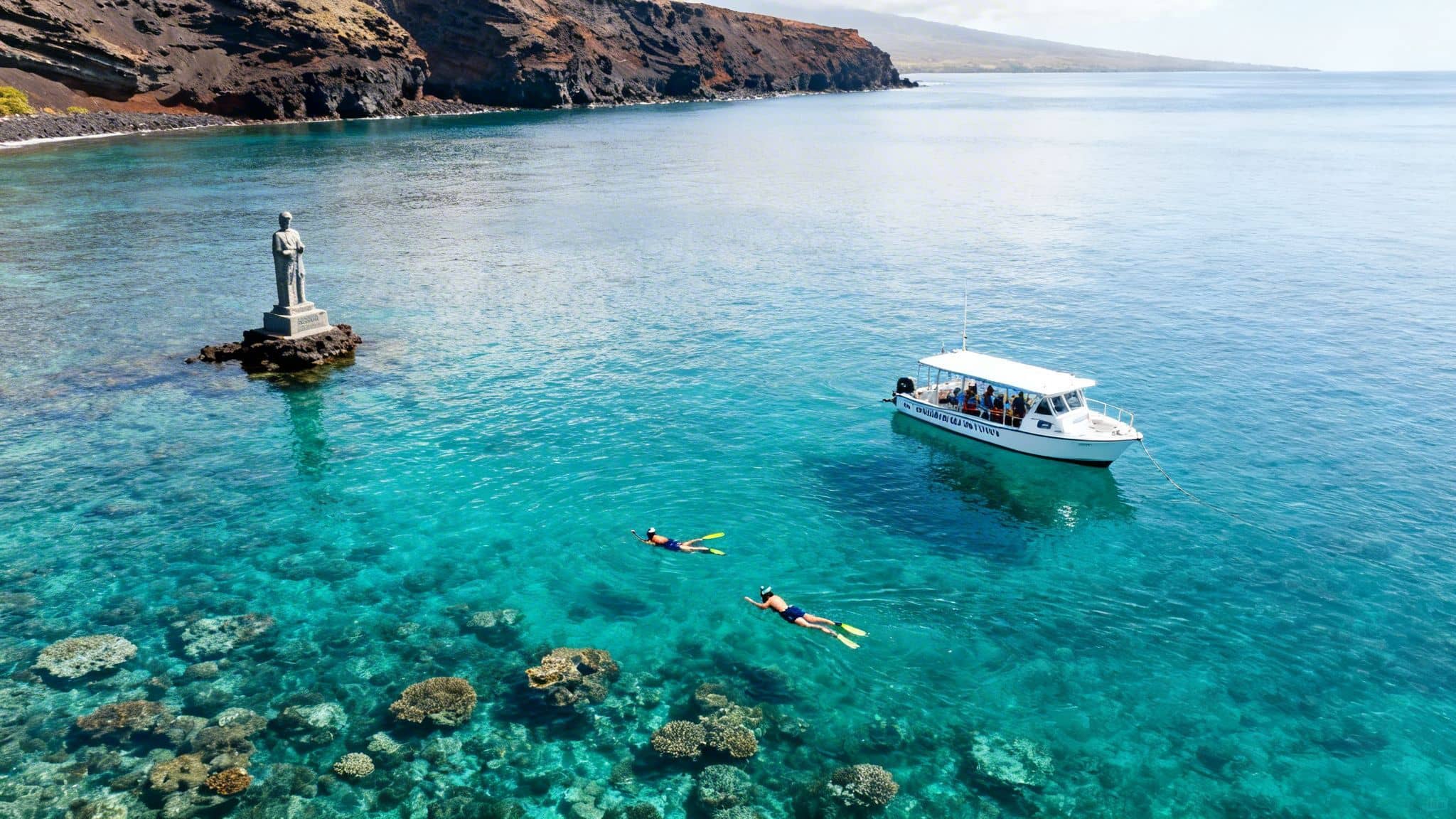 Aerial view of Kealakekua Bay with snorkelers, a tour boat, and Captain Cook's monument.