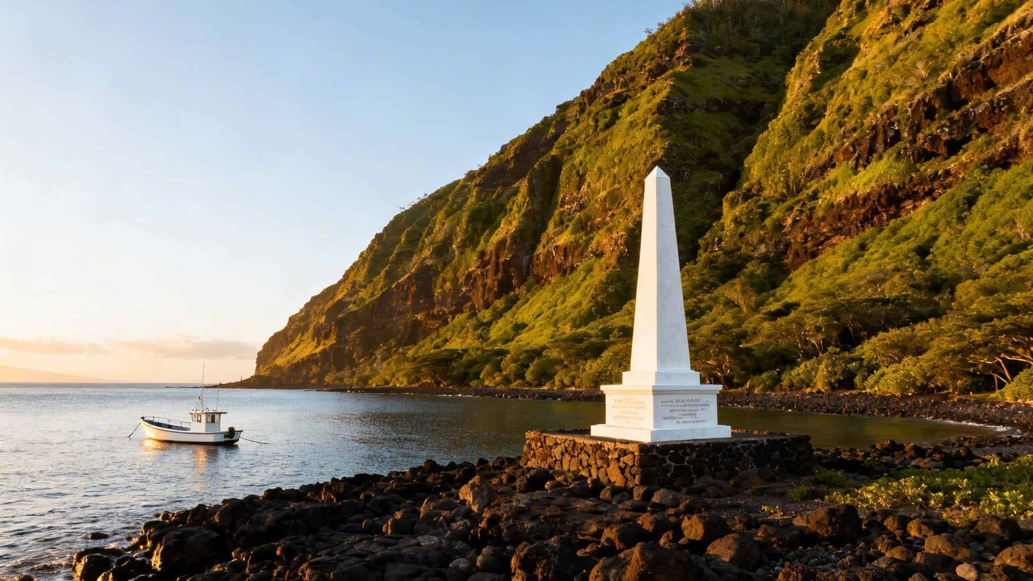 A white obelisk monument stands on a rocky shore beside a calm bay with a boat and green mountains at sunset.