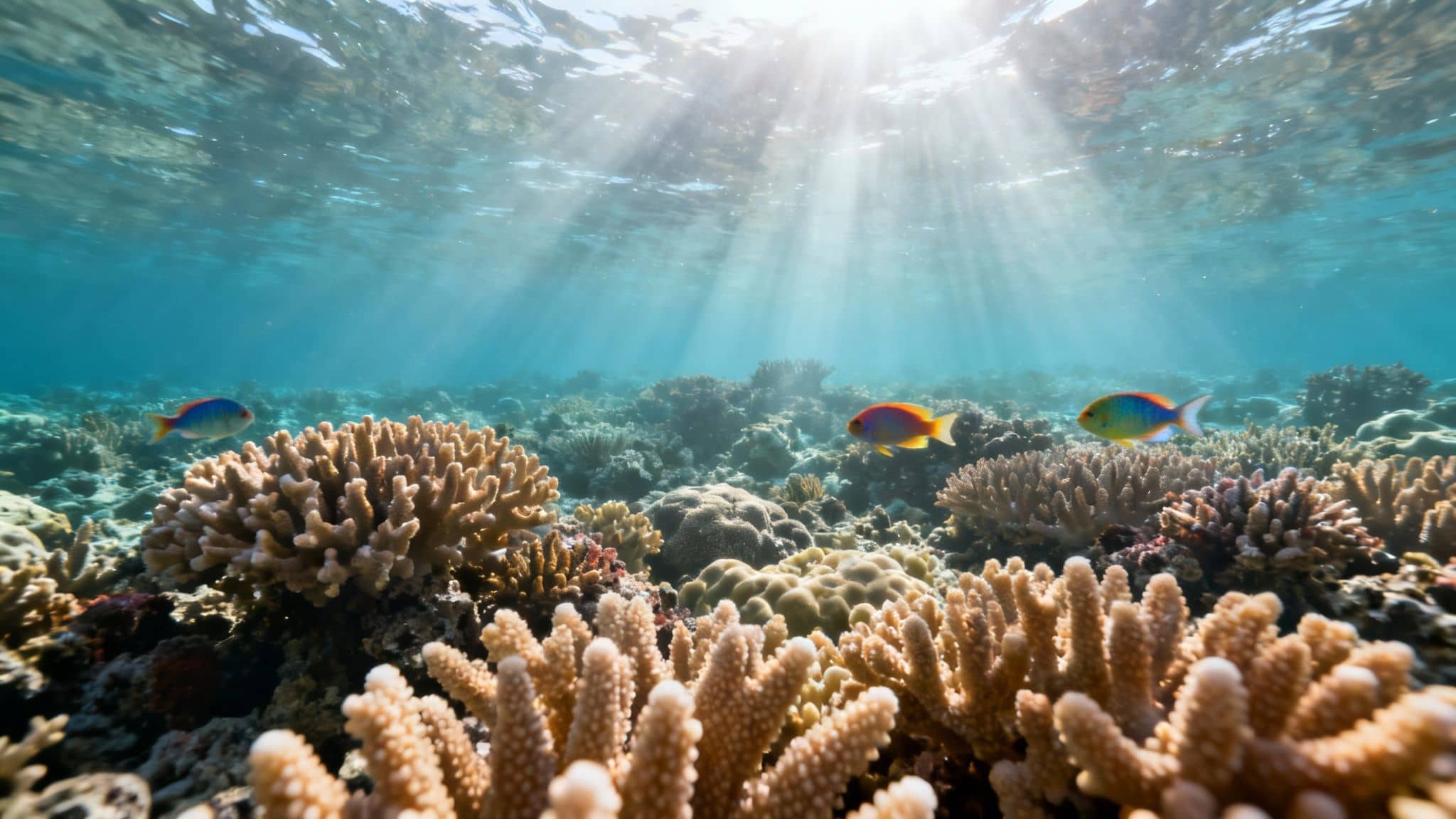 Vibrant coral reef teeming with colorful fish under beautiful sunlit ocean waters.