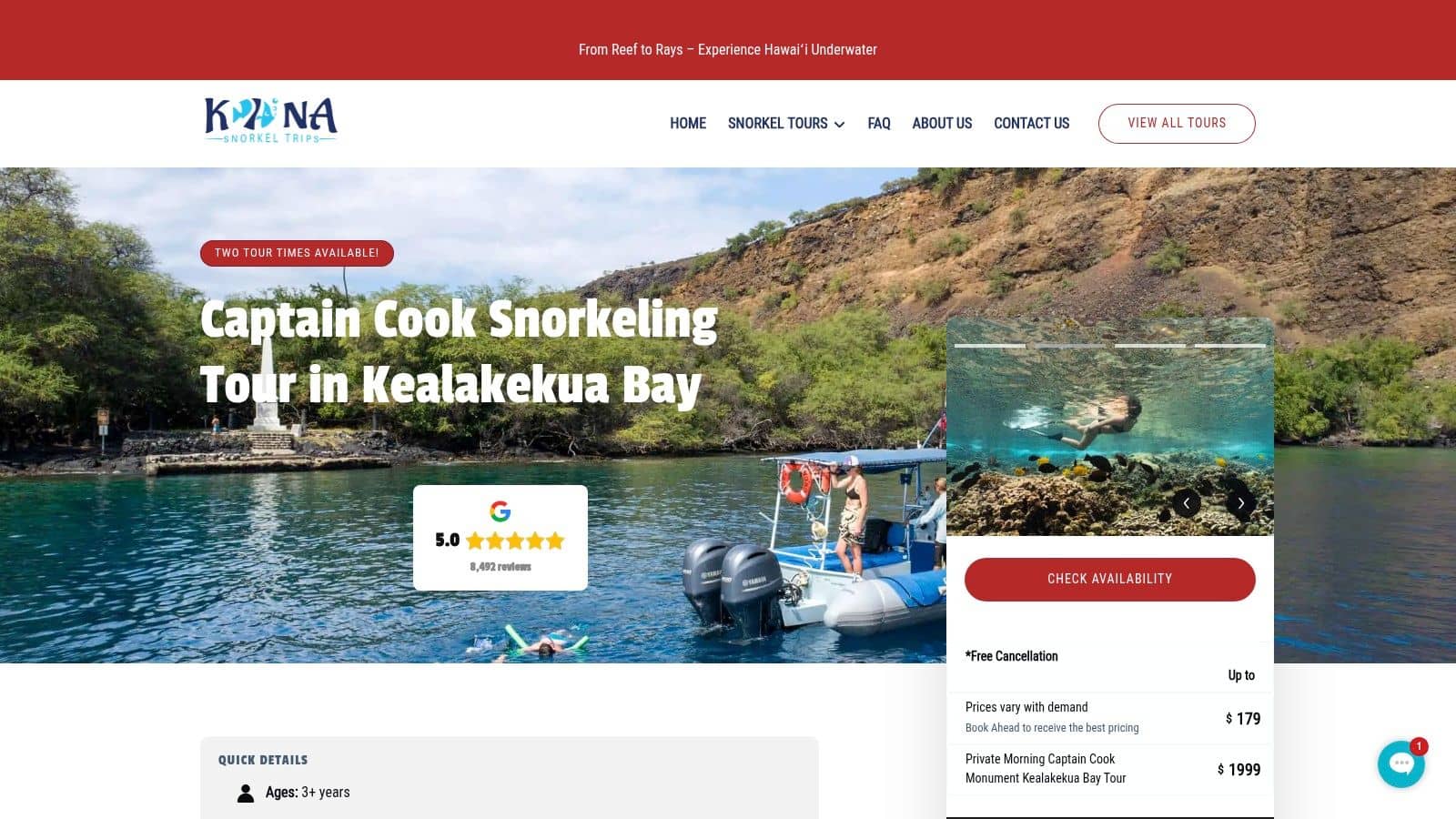 A scenic view of Kealakekua Bay, the destination for the Captain Cook snorkel tour.