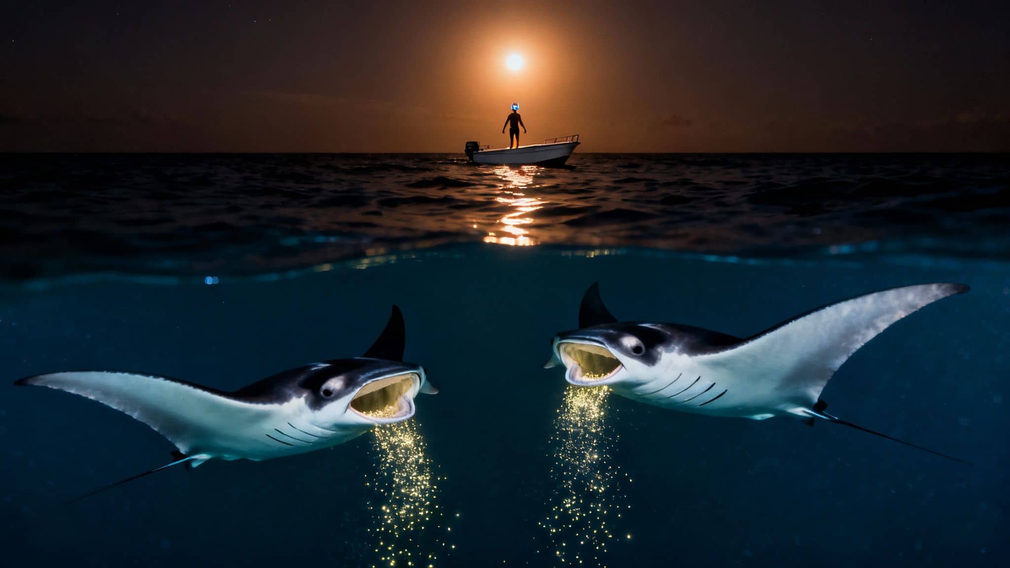 A person on a boat under a glowing moon, observing two manta rays feeding bioluminescence underwater.