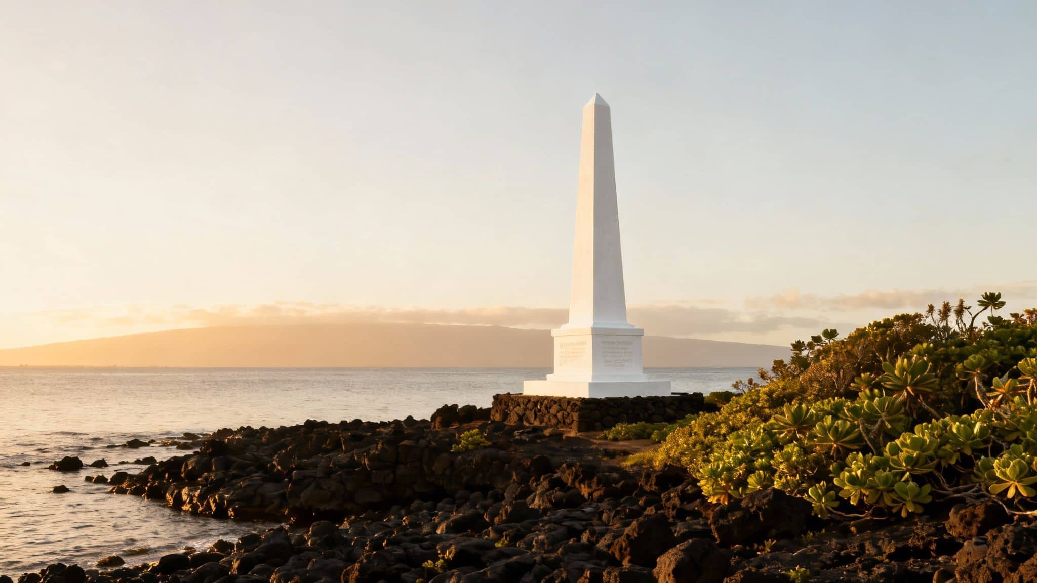 Captain Cook Monument standing on the shore of Kealakekua Bay