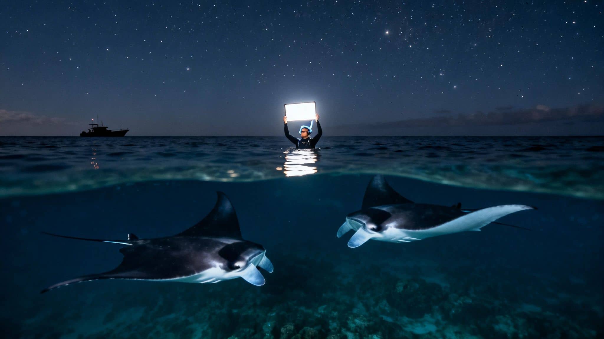 A person snorkels at night with a bright light, attracting two manta rays under a starry sky.