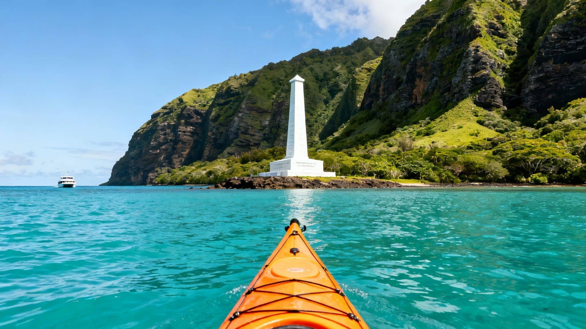 Kayakers paddling across the turquoise waters of Kealakekua Bay towards the Captain Cook Monument.