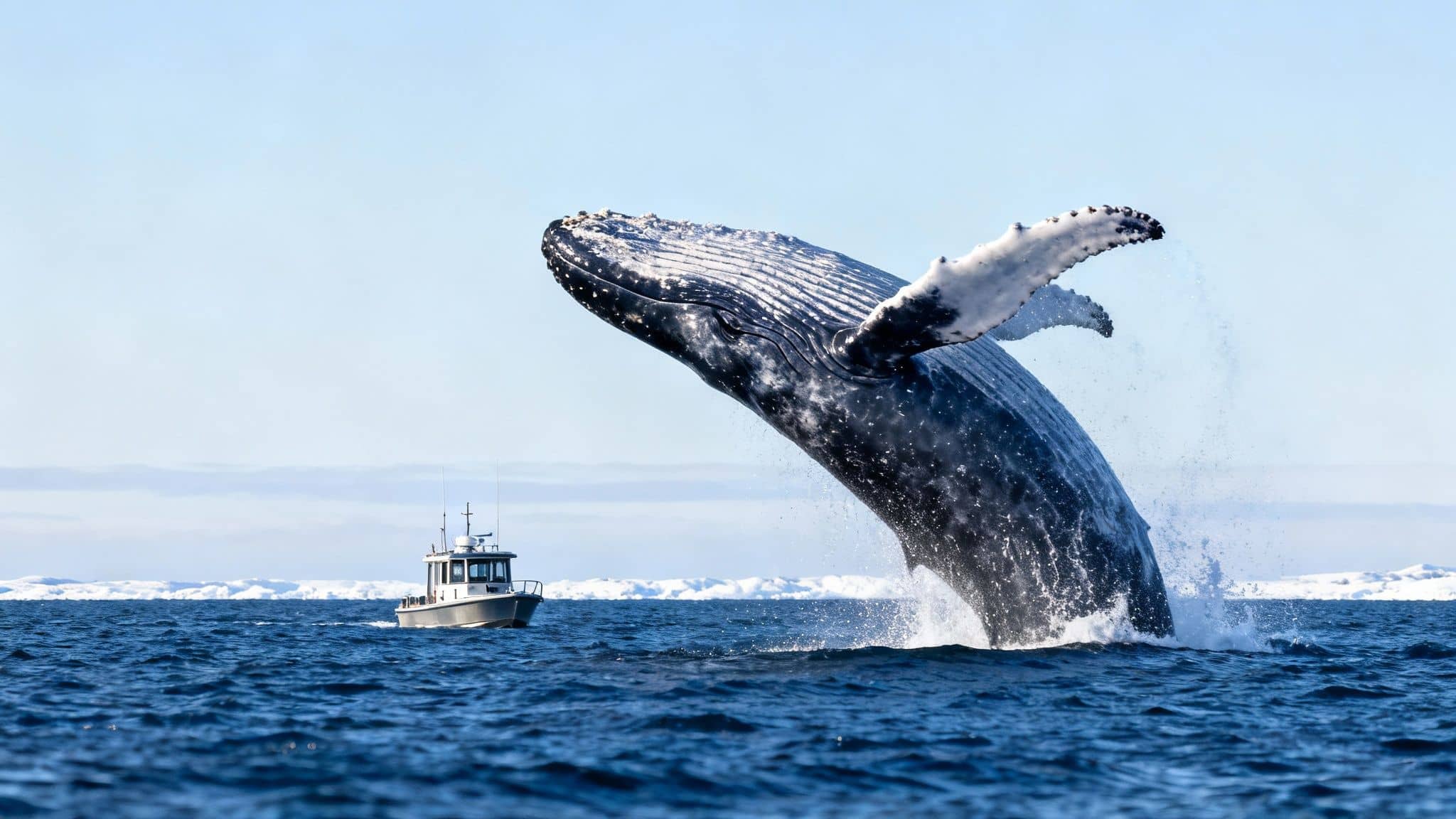 A majestic humpback whale breaches spectacularly from deep blue ocean waters near a small boat.