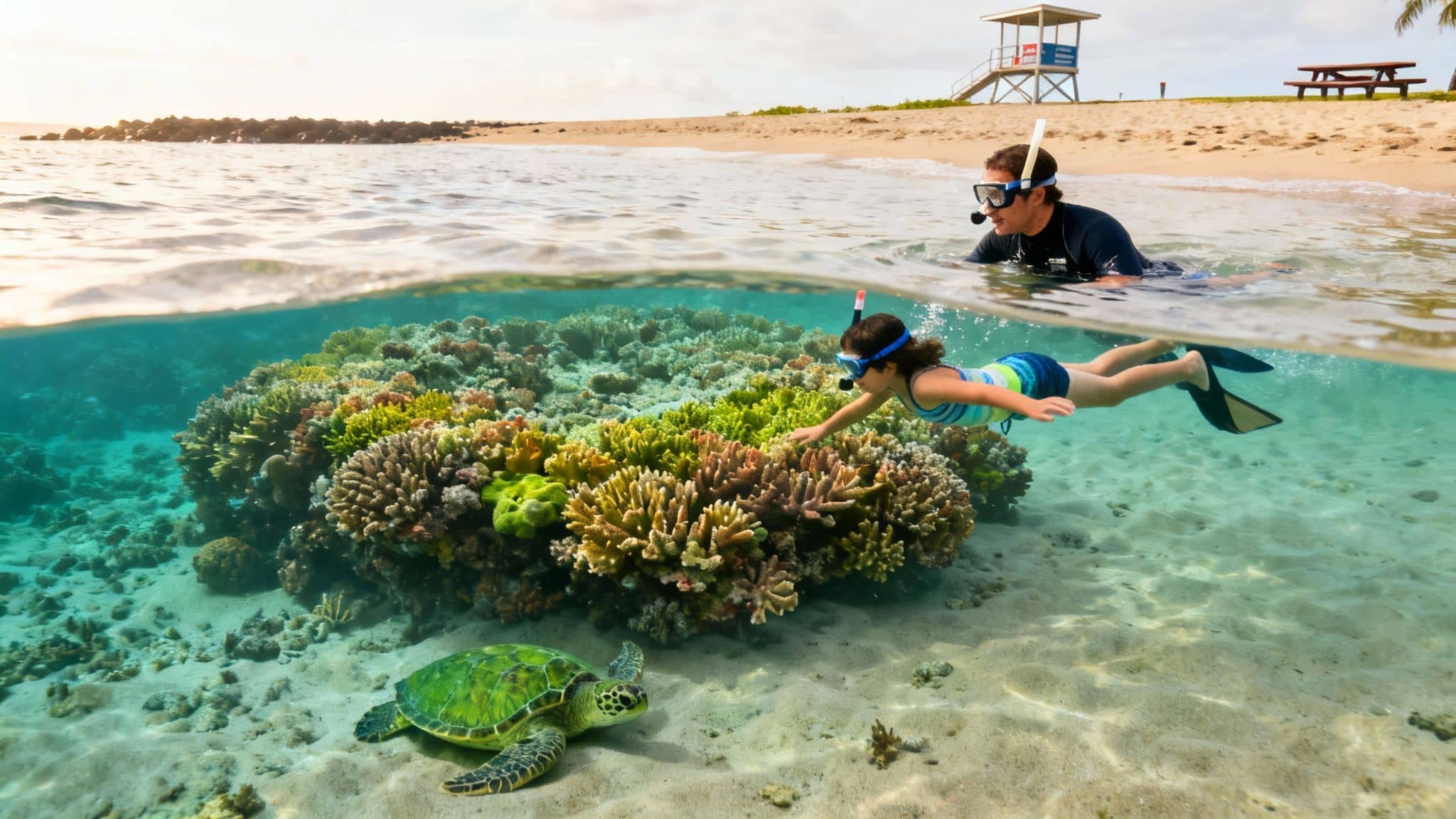 Father and daughter snorkel above a vibrant coral reef with a sea turtle near a tropical beach.
