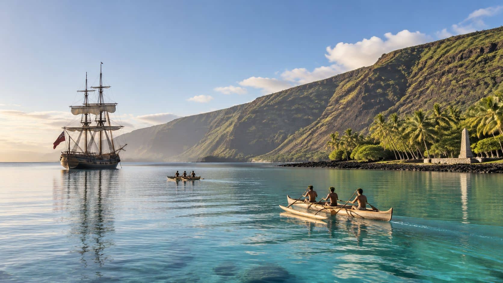 A historic sailing ship moored near the Hawaiian coastline with locals paddling outrigger canoes in crystal water.
