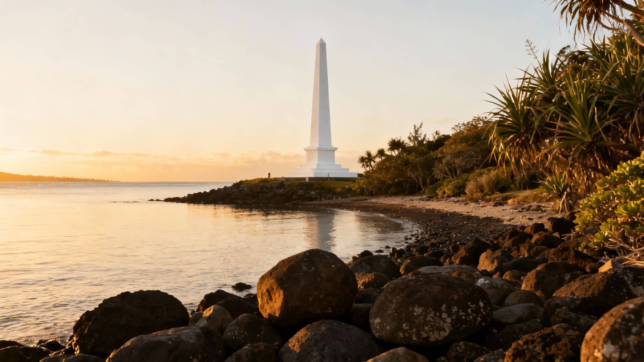 Sunrise illuminates a prominent white obelisk on a tranquil, rocky beach with warm reflections.