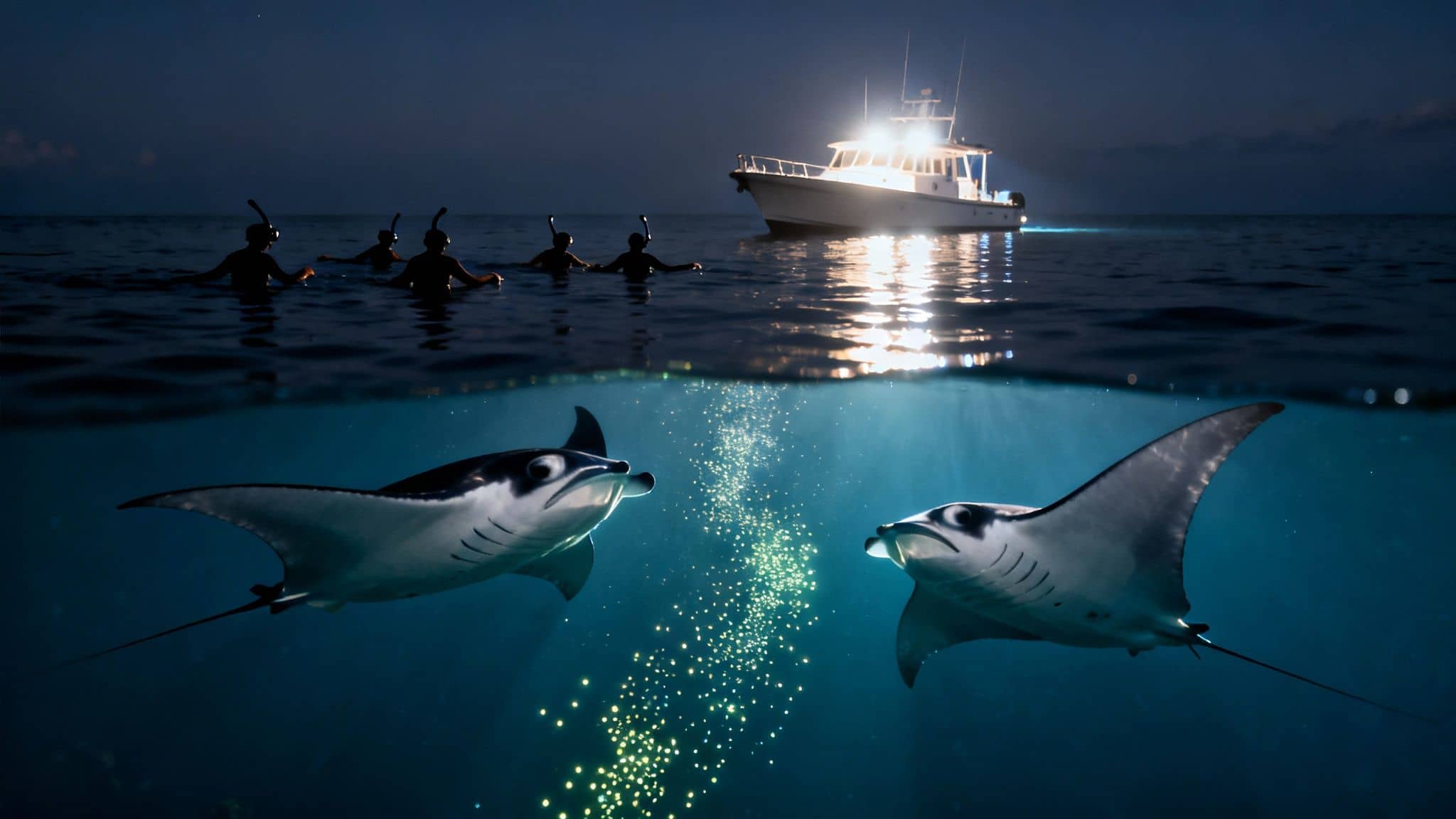 Two manta rays swim under snorkelers and a lit boat at night, with glowing plankton.