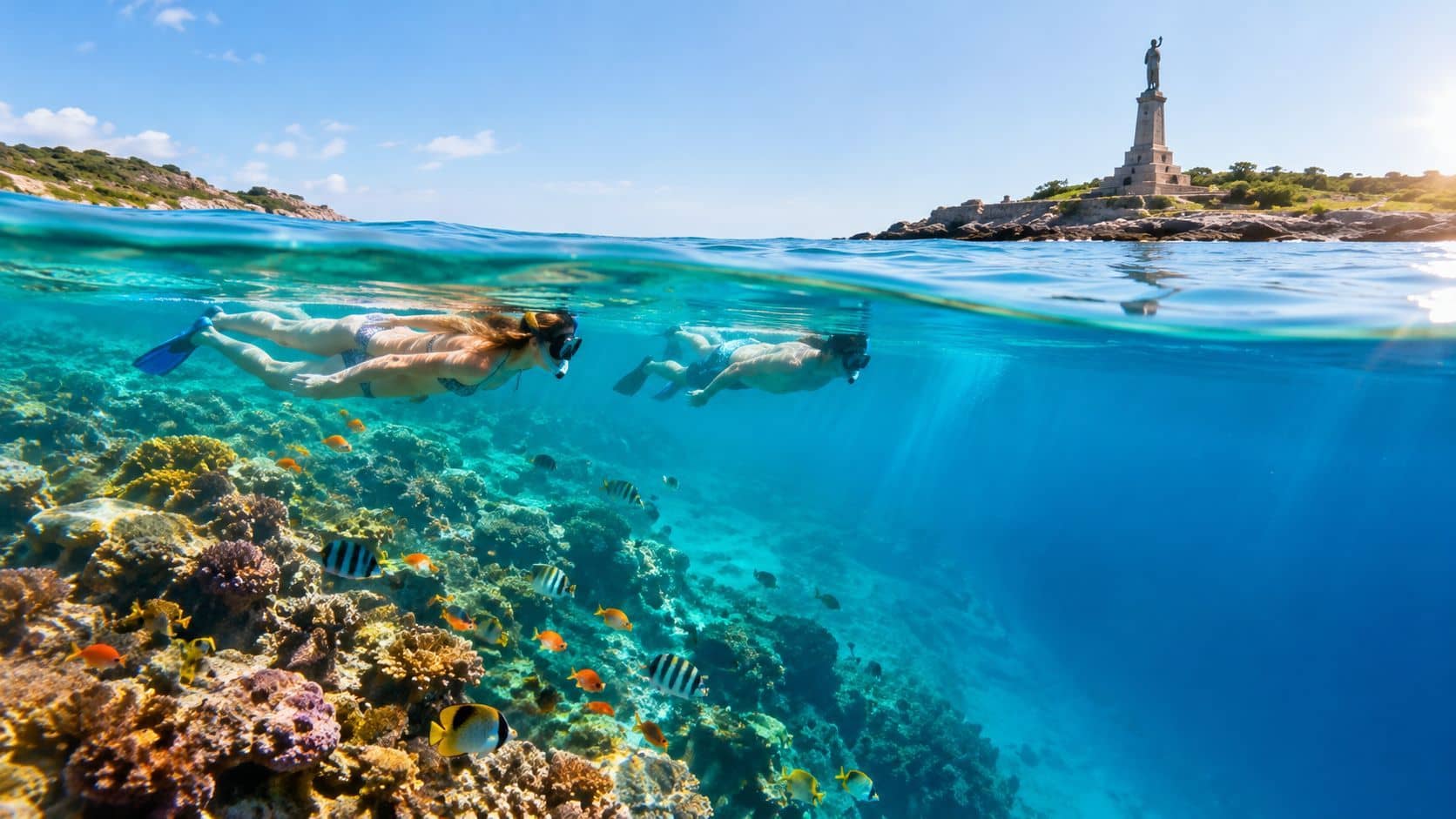A couple snorkeling over a vibrant coral reef in clear blue tropical water with a statue nearby.