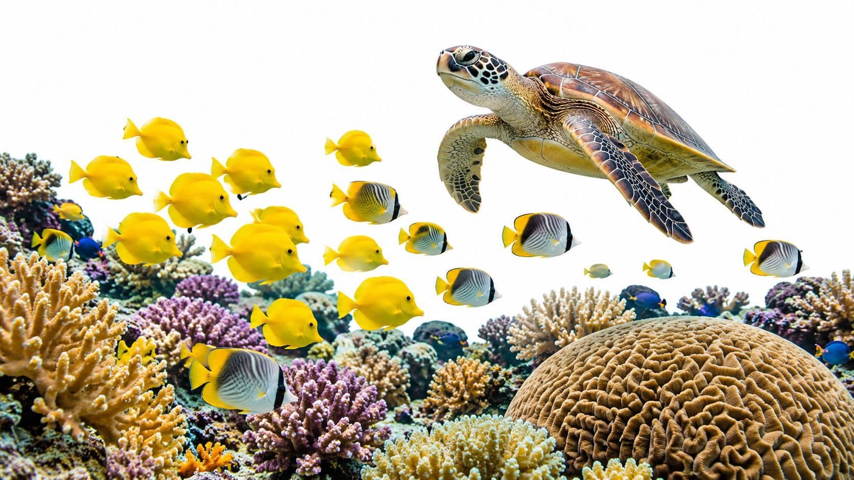A majestic green sea turtle swims gracefully above a vibrant coral reef filled with colorful tropical fish.