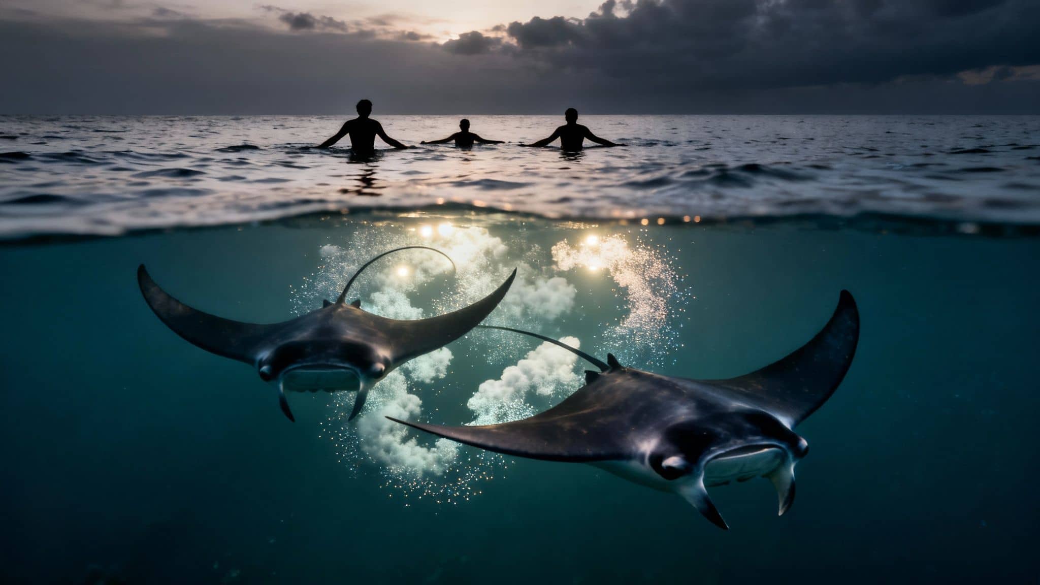 Split shot: people snorkeling at sunset above, two majestic manta rays swimming below.