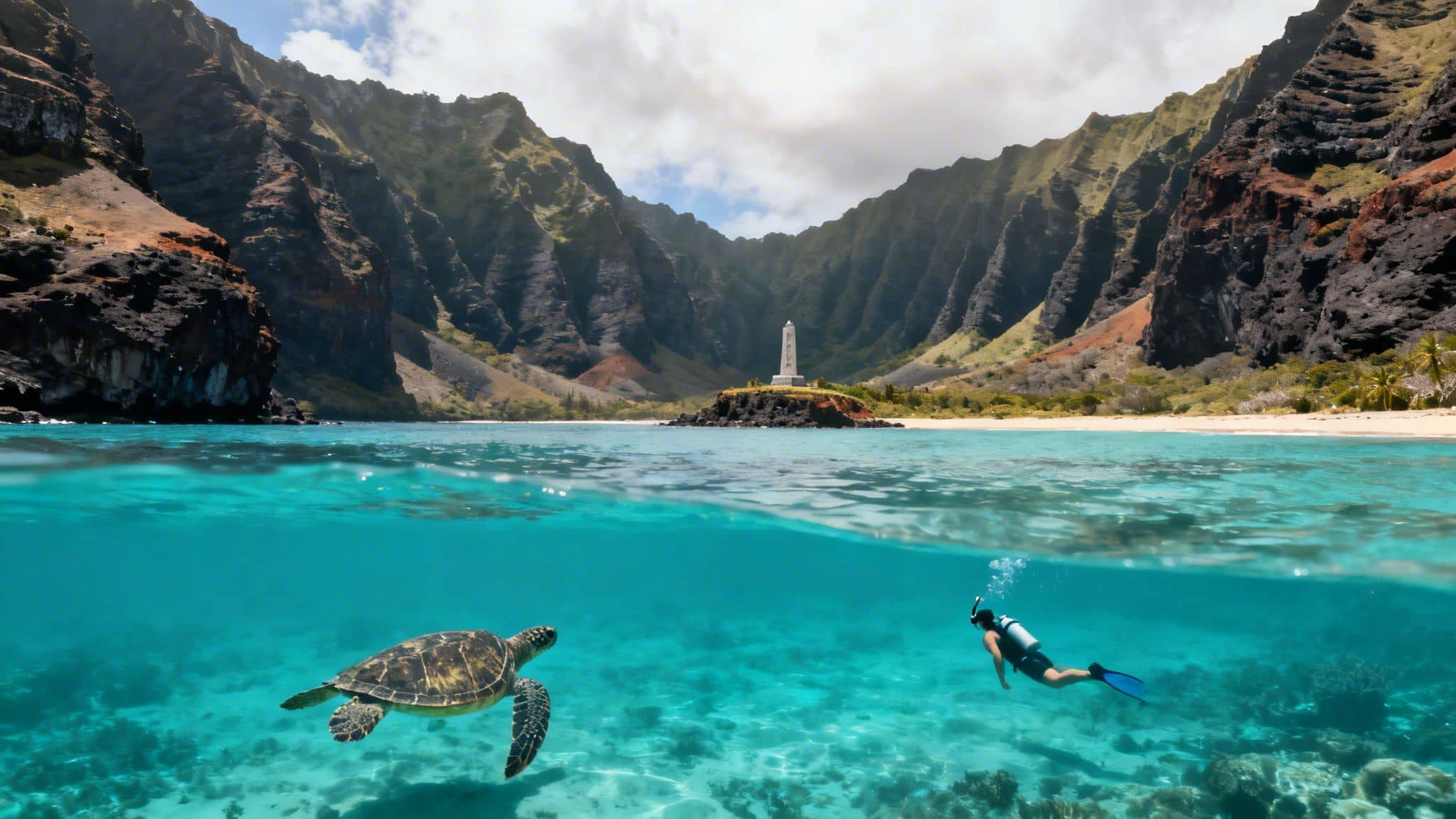 Split-level shot of a diver, sea turtle underwater, and a lighthouse with mountains above.