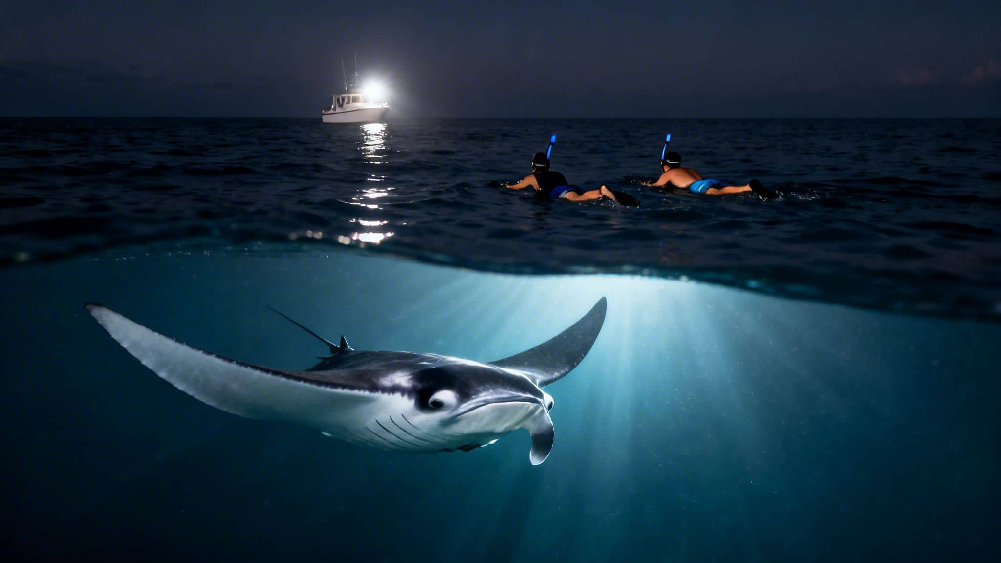 Split view of two people snorkeling at night, illuminated by a boat, watching a giant manta ray underwater.