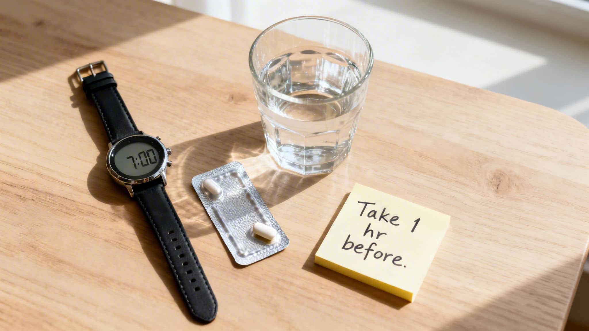 A digital watch at 7:00, pills, a glass of water, and a 'Take 1 hr before' note.