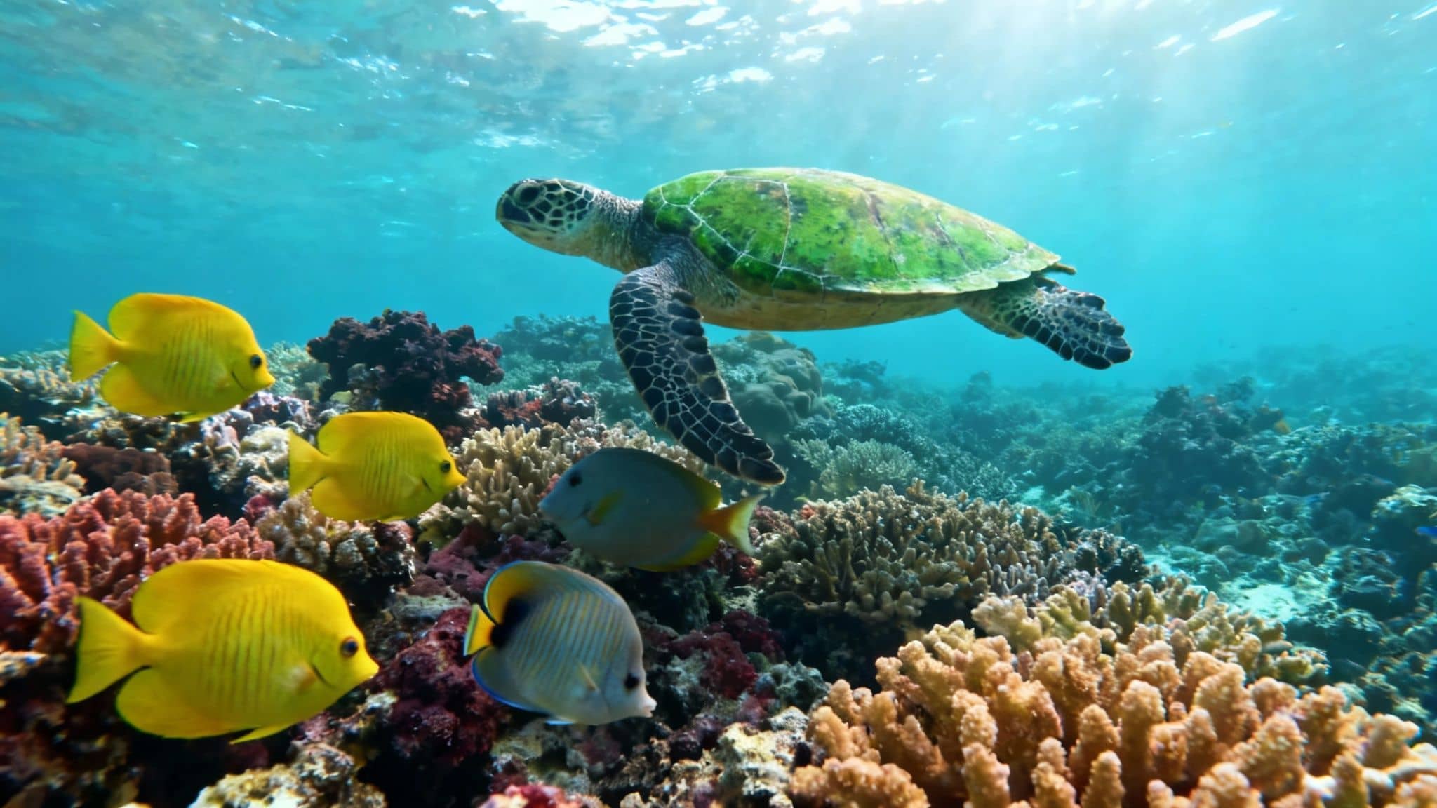 A large school of yellow tangs swimming over a healthy coral reef in Kealakekua Bay.