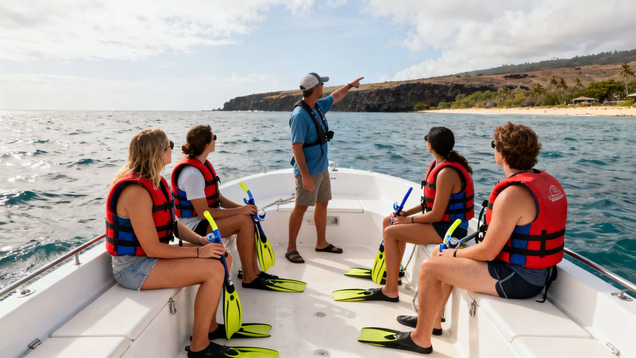 A guide on a boat pointing to the coastline for a group wearing life vests and holding snorkel gear.
