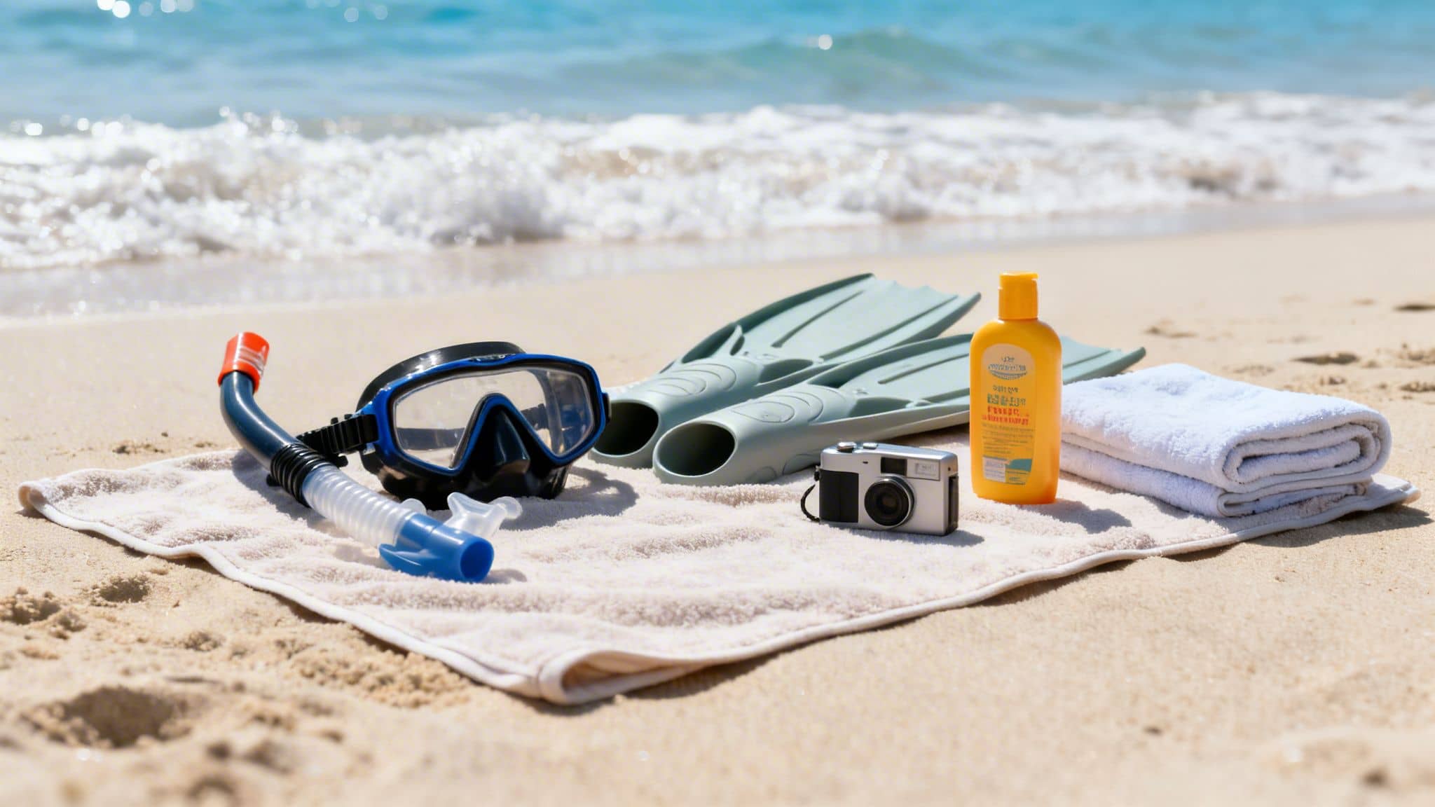 Snorkeling gear, a camera, sunscreen, and a towel on a sandy beach with ocean waves.
