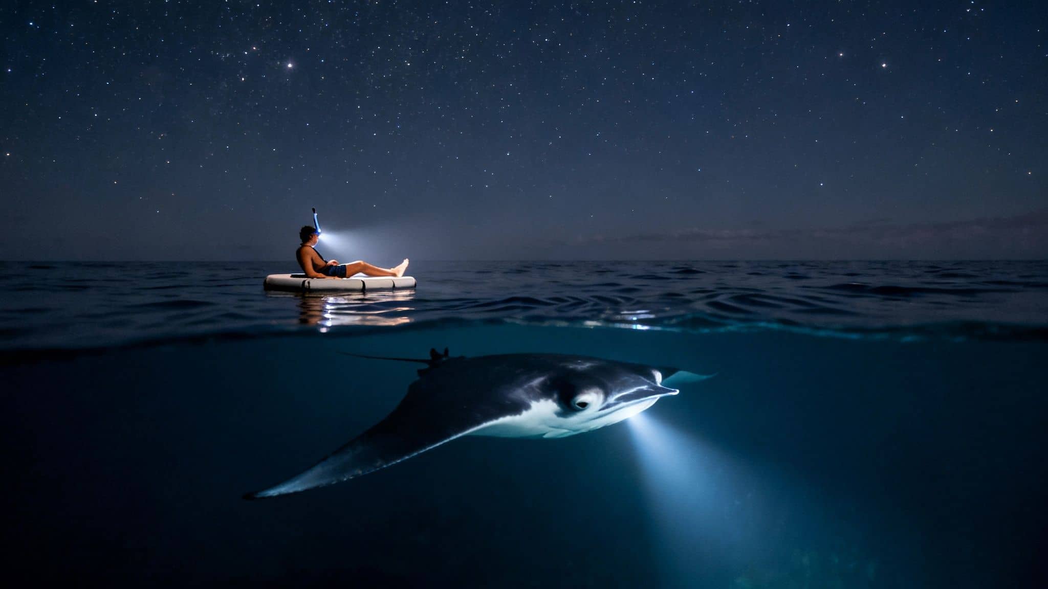 Person on raft at night with headlamp, observing a manta ray illuminated underwater.