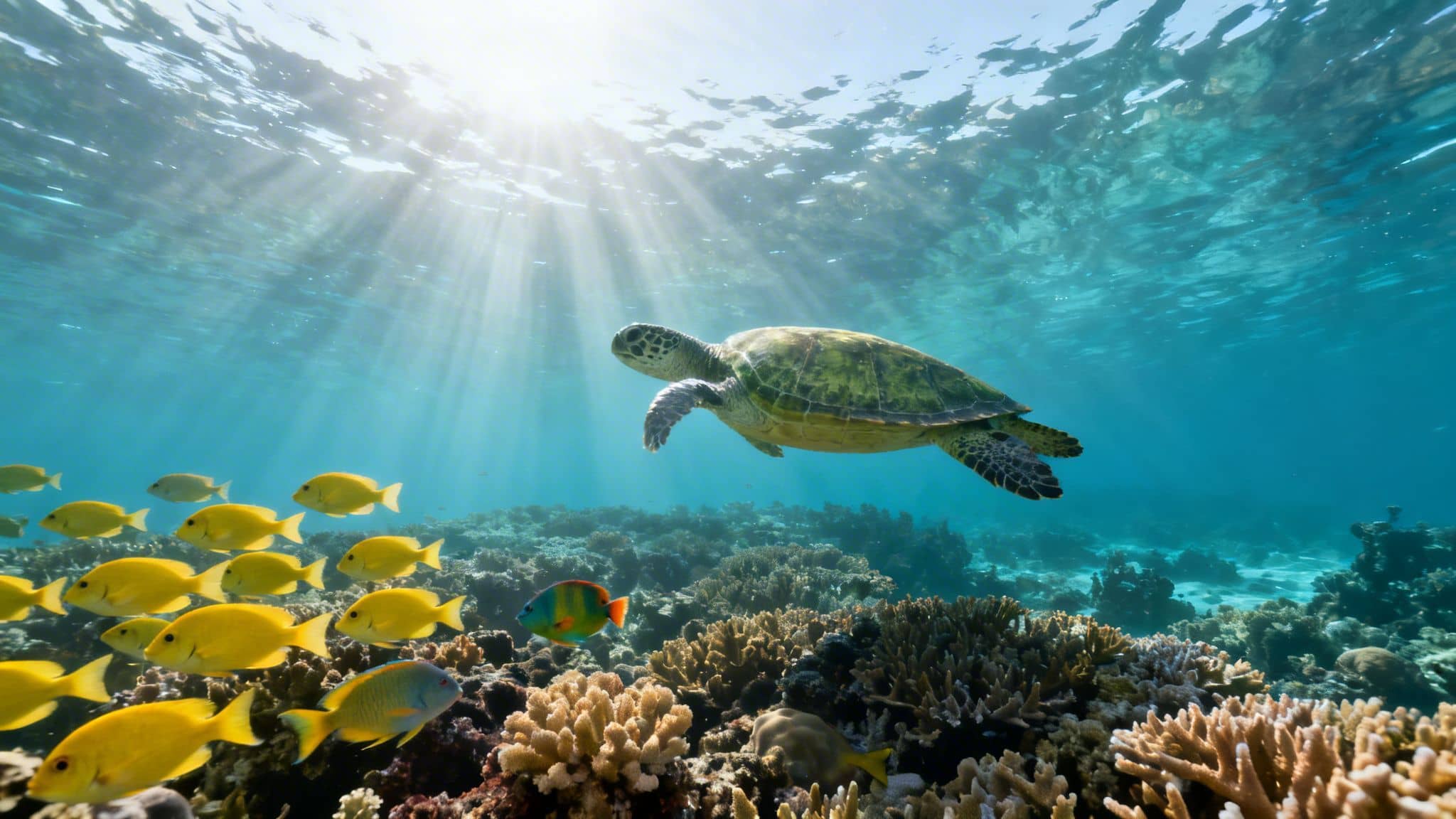 Sunlit underwater scene with a green sea turtle, yellow fish, and colorful coral reef.