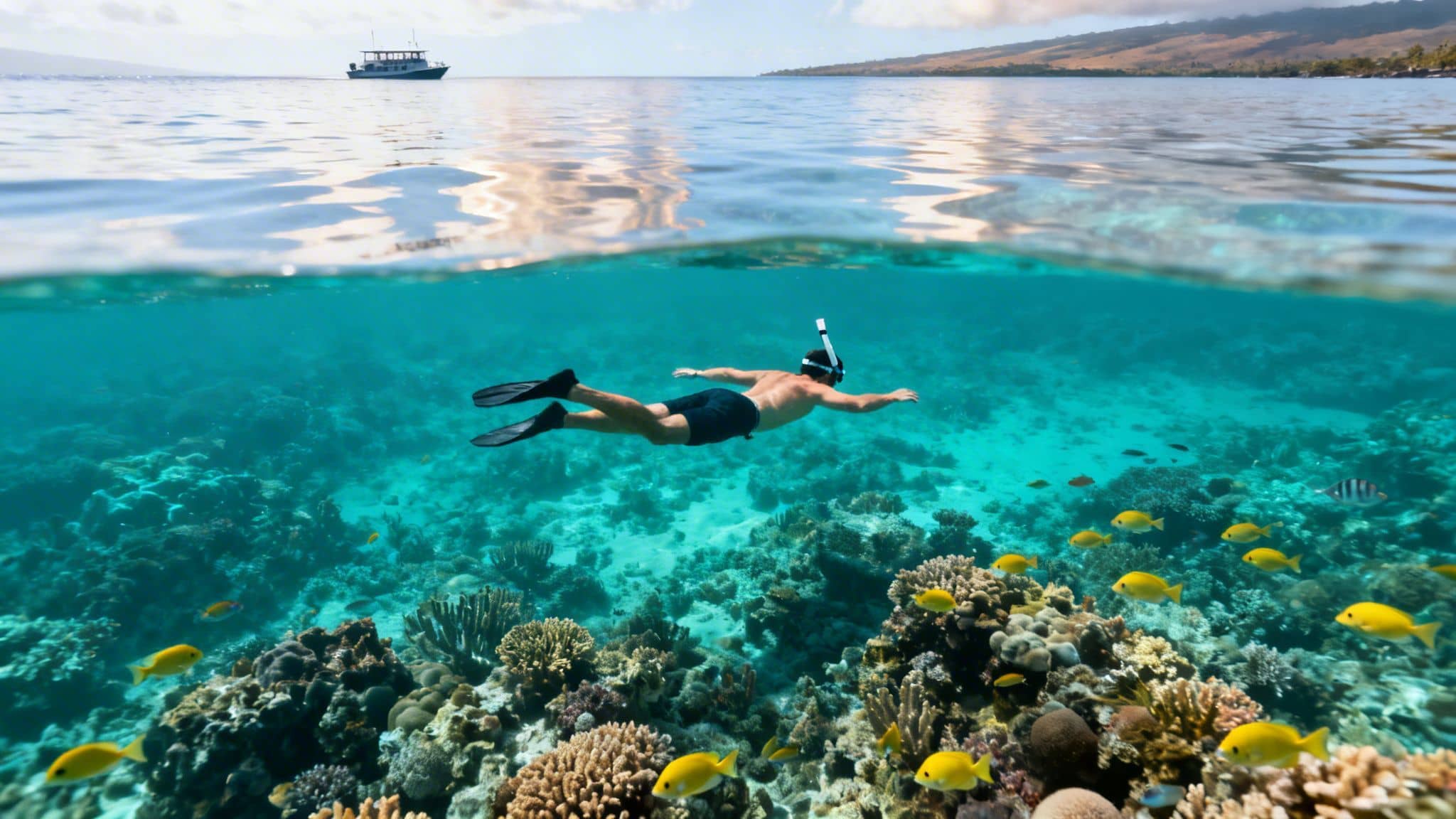 A split view of a man snorkeling over a vibrant coral reef with yellow fish, and a boat on the ocean surface.