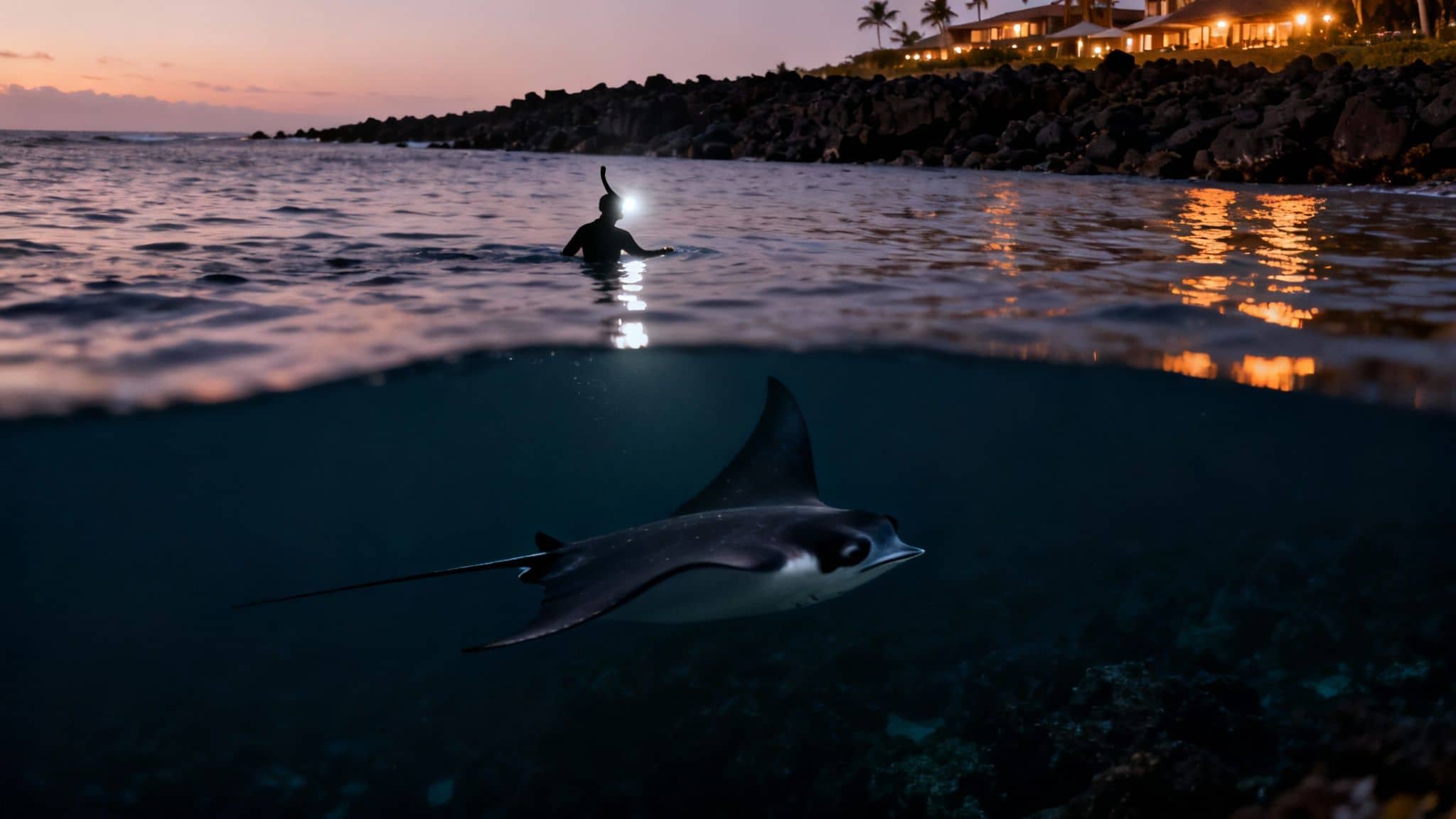 A diver with a headlamp on the surface and a manta ray swimming underwater at twilight.