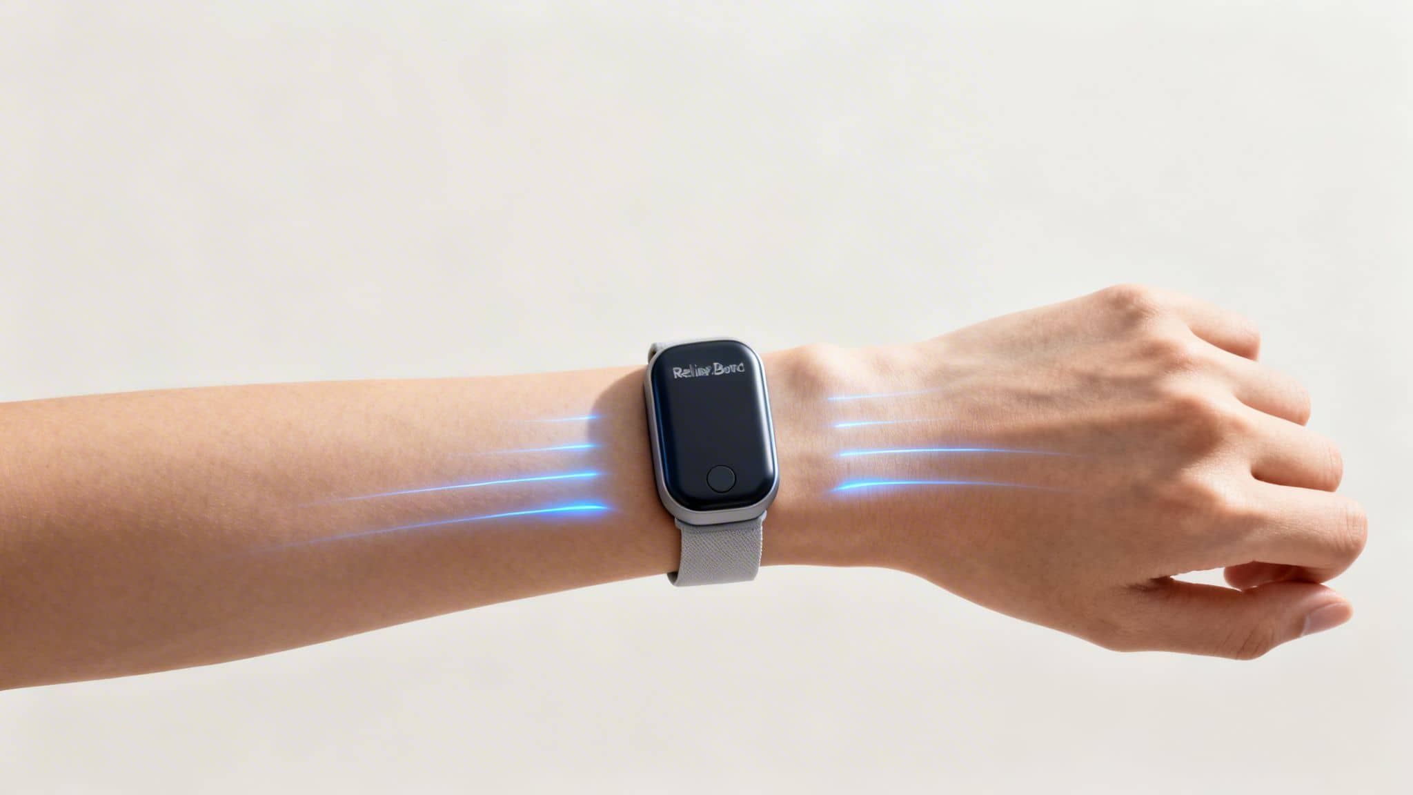 A person wears a black Relief Band device on their wrist with glowing blue lines.