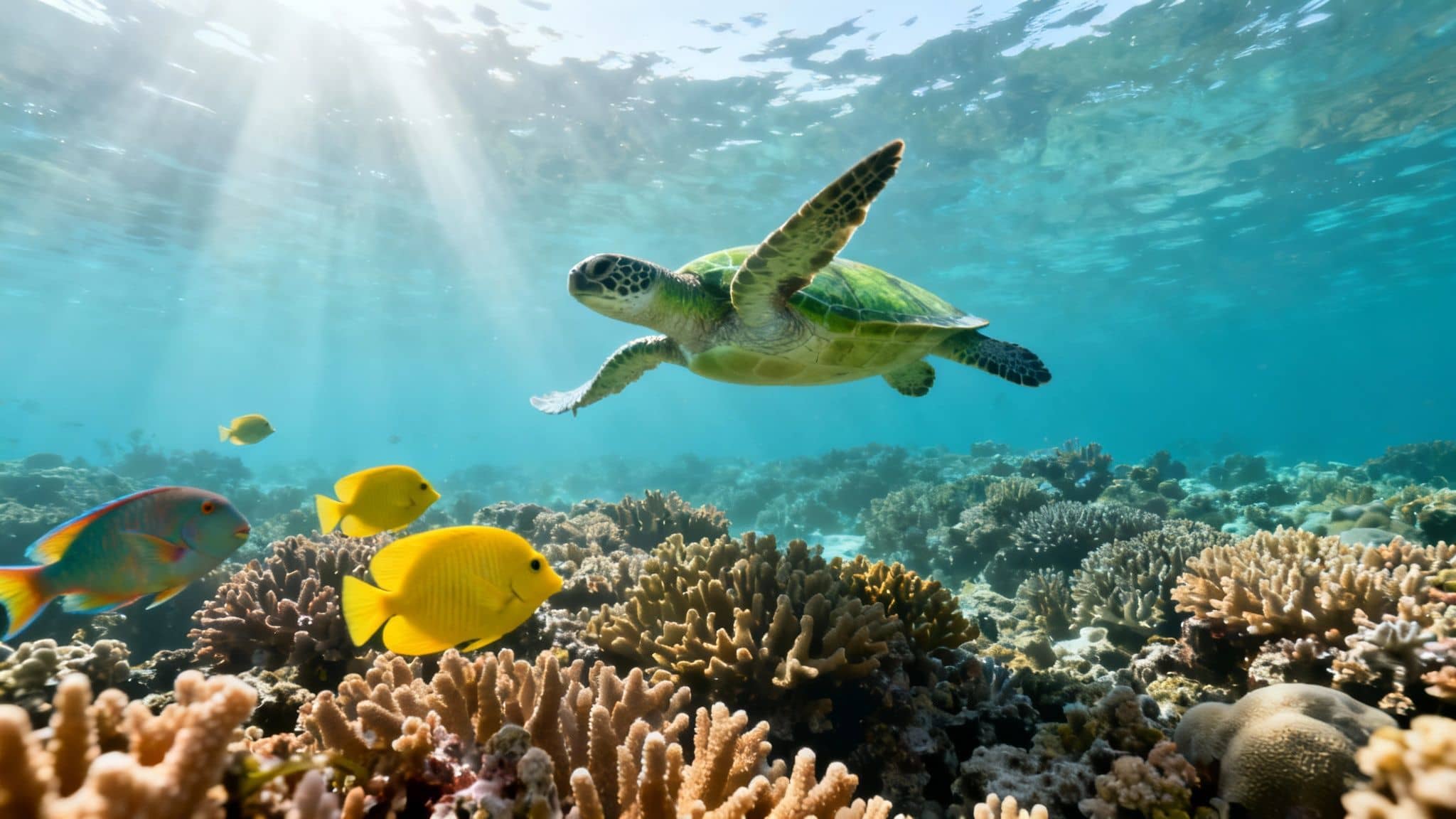 A green sea turtle swims gracefully above a vibrant coral reef with colorful fish and sun rays.