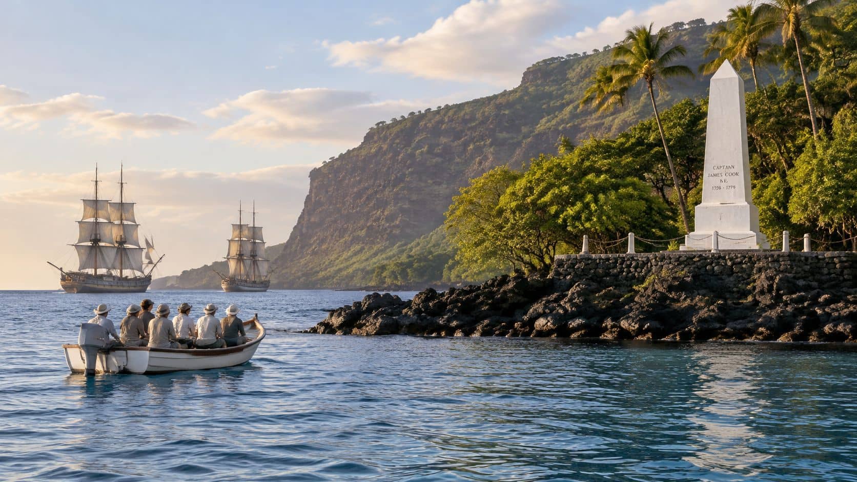 A small boat with tourists approaching a historical monument dedicated to Captain James Cook near cliffs.