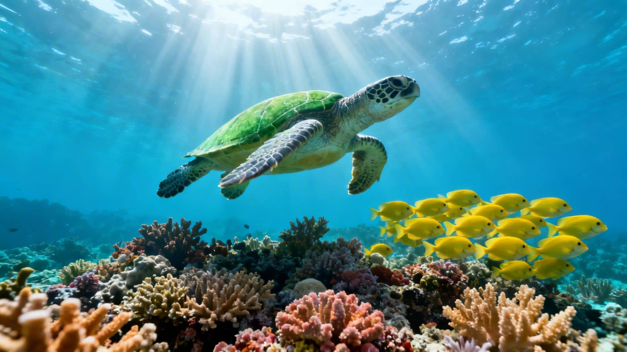 A green sea turtle gracefully swims above a vibrant coral reef alongside a school of yellow fish.