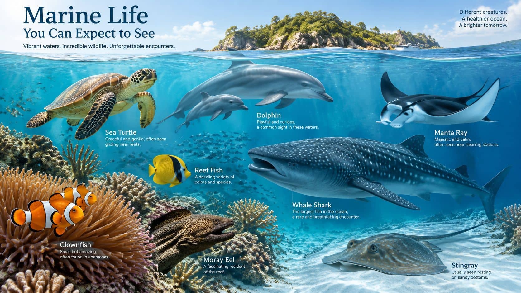 A vibrant underwater scene displaying a sea turtle, dolphins, manta ray, whale shark, clownfish, moray eel, and stingray.