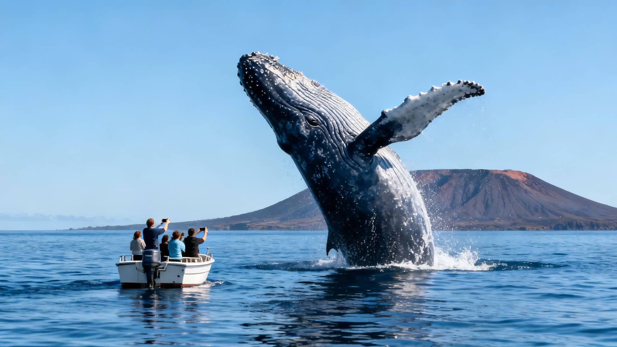A majestic humpback whale breaches high out of the ocean next to a tourist boat with a volcanic island.
