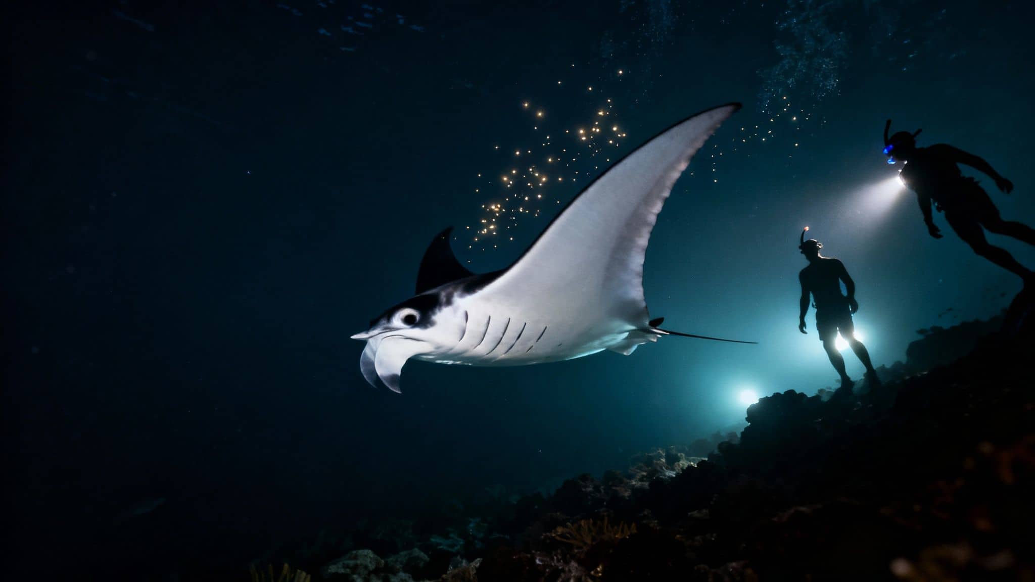 A majestic manta ray glides through bioluminescent waters with two snorkelers at night.