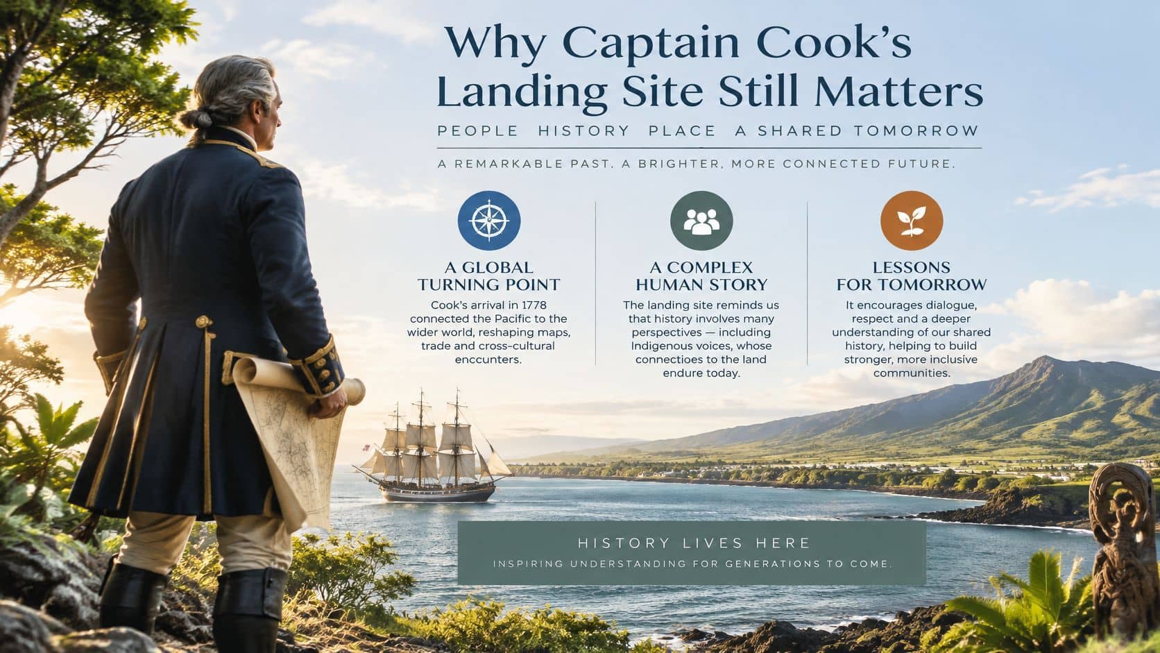 Captain Cook overlooking the ocean with his ship, representing historical connections and future dialogue in Hawaii.