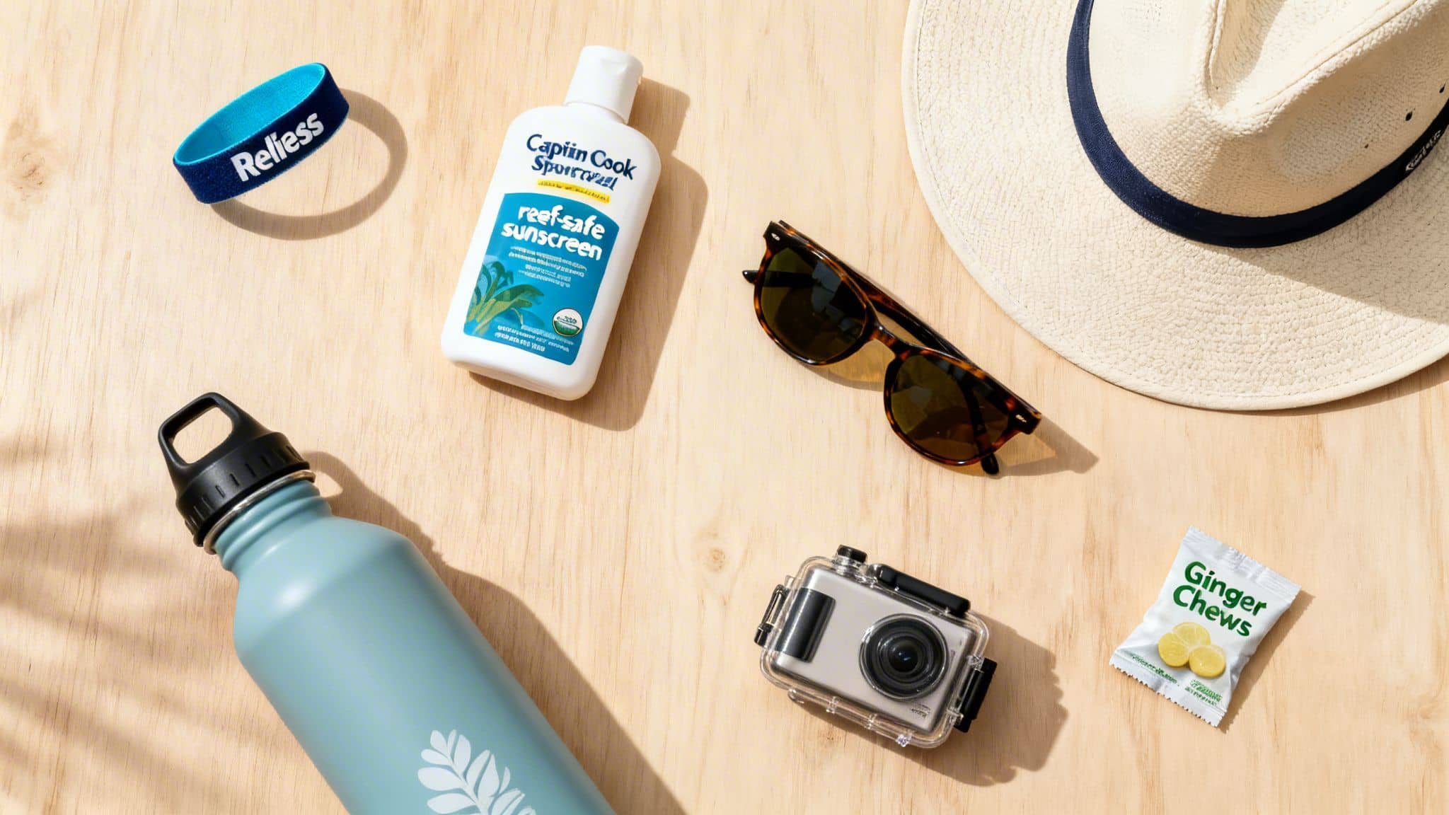 A flat lay of travel essentials on a wooden surface, including a relief band, sunscreen, hat, water bottle, sunglasses, camera, and ginger chews.