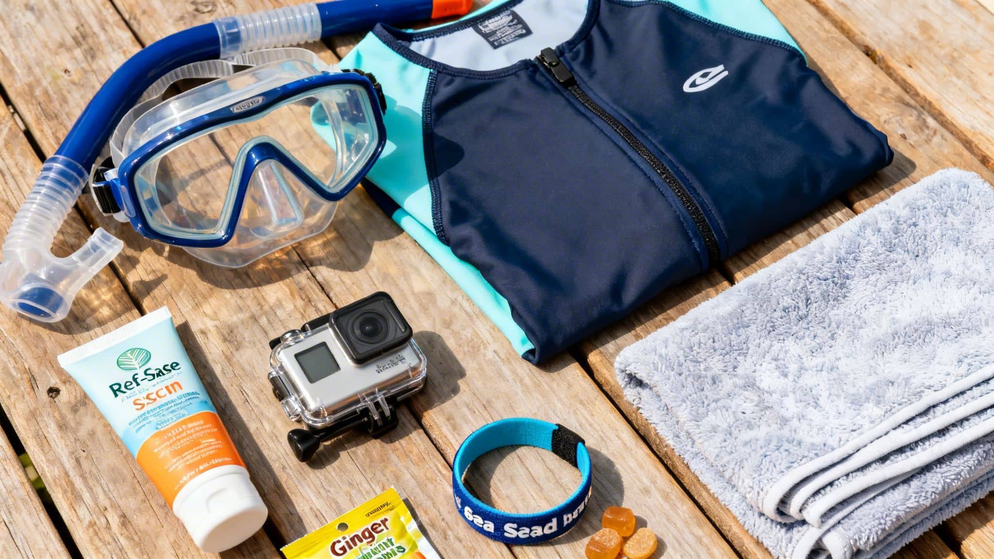 Snorkeling gear, a rash guard, GoPro camera, sunscreen, towel, and ginger candies laid on wooden planks.