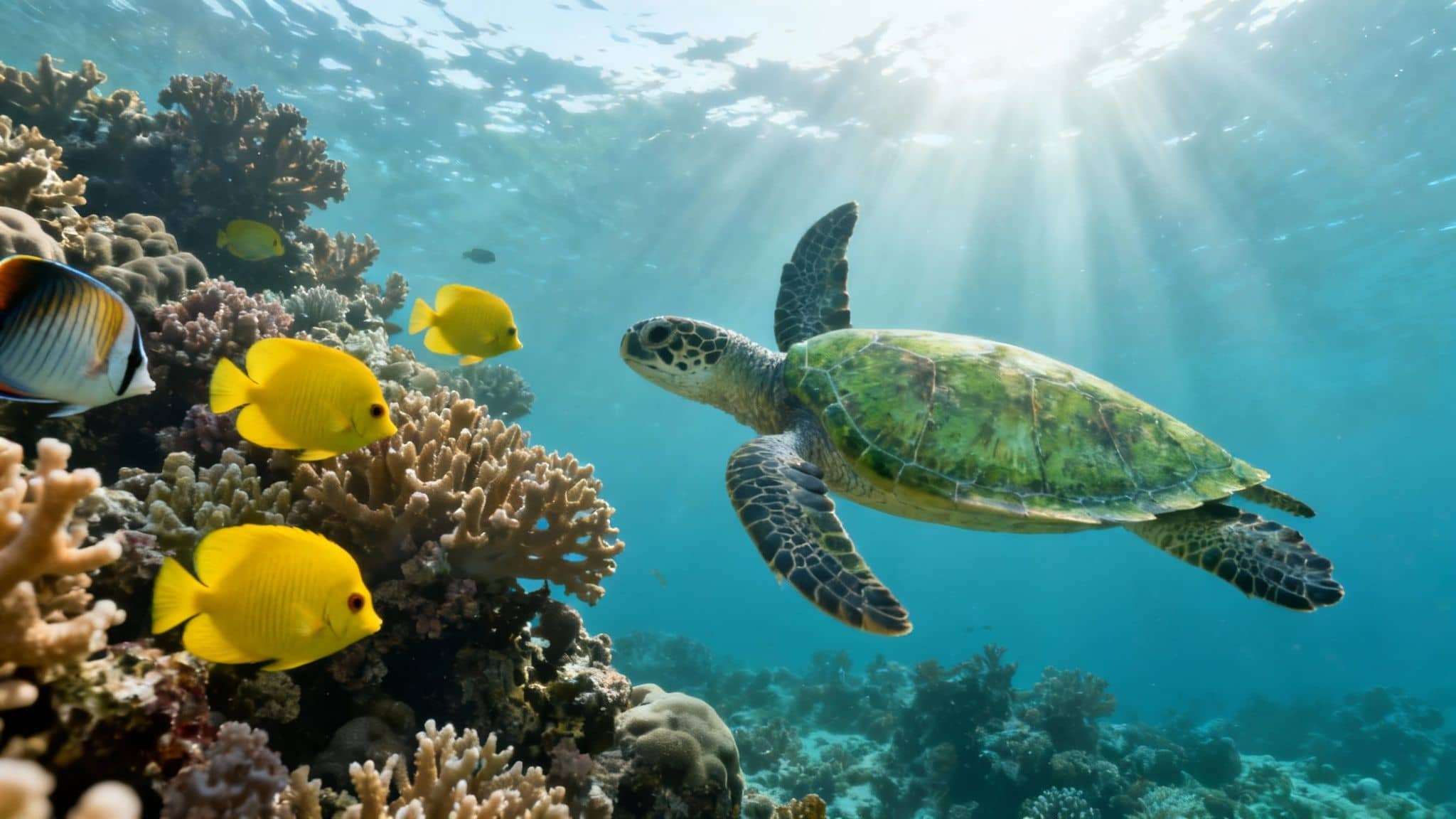 A vibrant underwater scene with a green sea turtle swimming past colorful coral reefs and yellow fish.